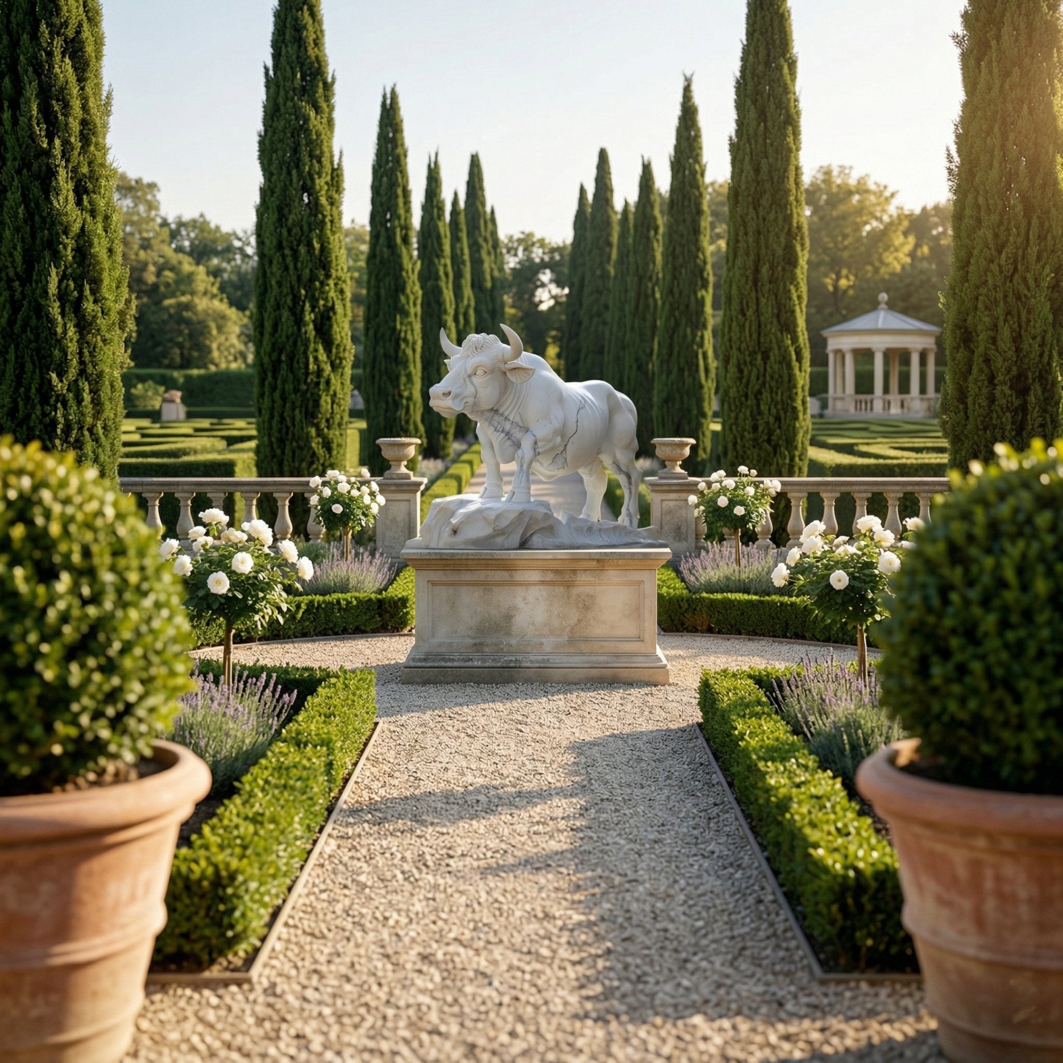 A formal garden with manicured hedges, potted topiary, and white flowers showcases the Giant Sculptures Stoic Bull White Marble Outdoor Sculpture (120cm) on a pedestal. Tall cypress trees line the path, with a white gazebo in the background.