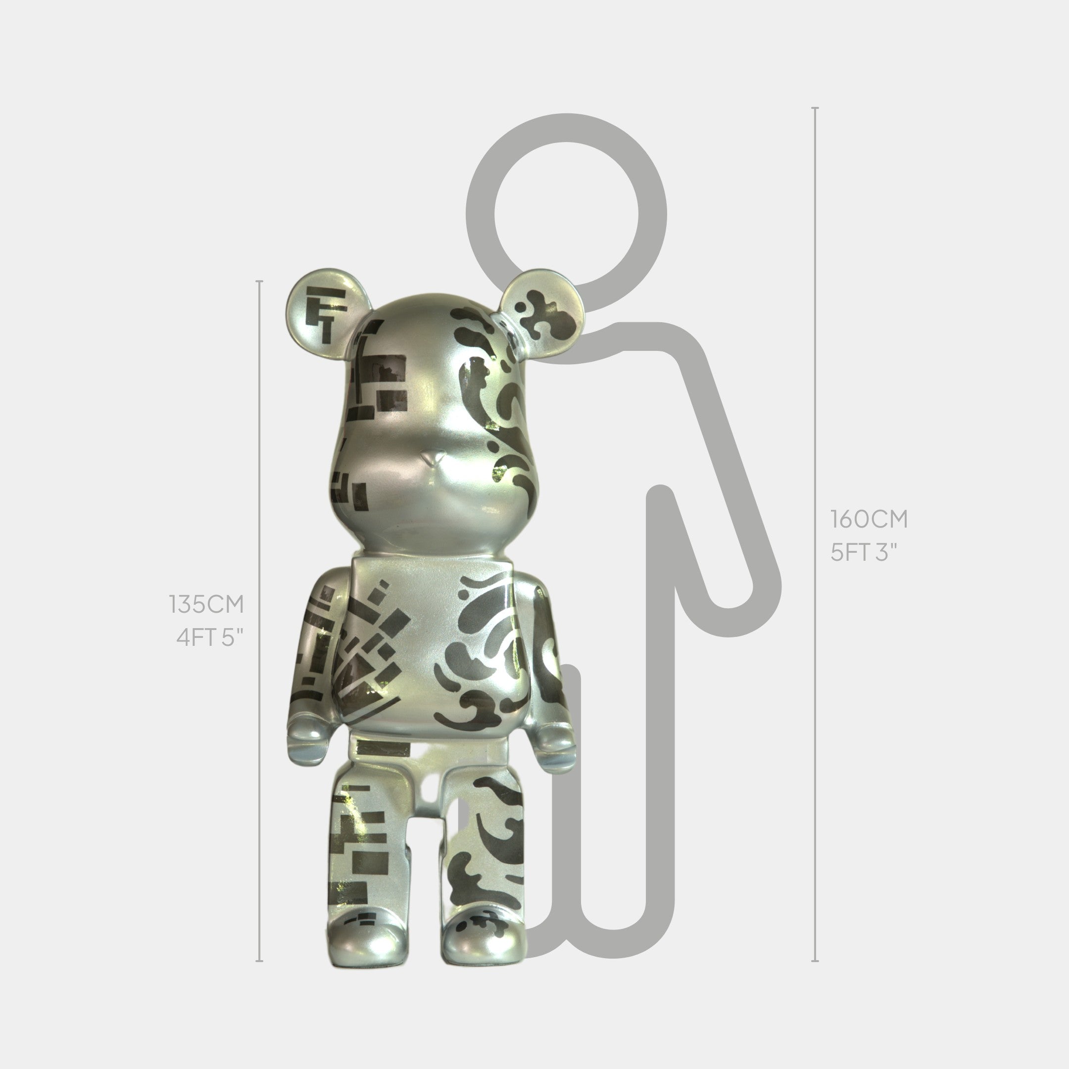 The Inside Appears Outside 3 Bear Sculpture - 135cm by Giant Sculptures, featuring abstract black hand-painted patterns, is shown before a 160cm (5ft 3in) human outline for scale. The bear sculpture itself stands 135cm (4ft 5in) tall.