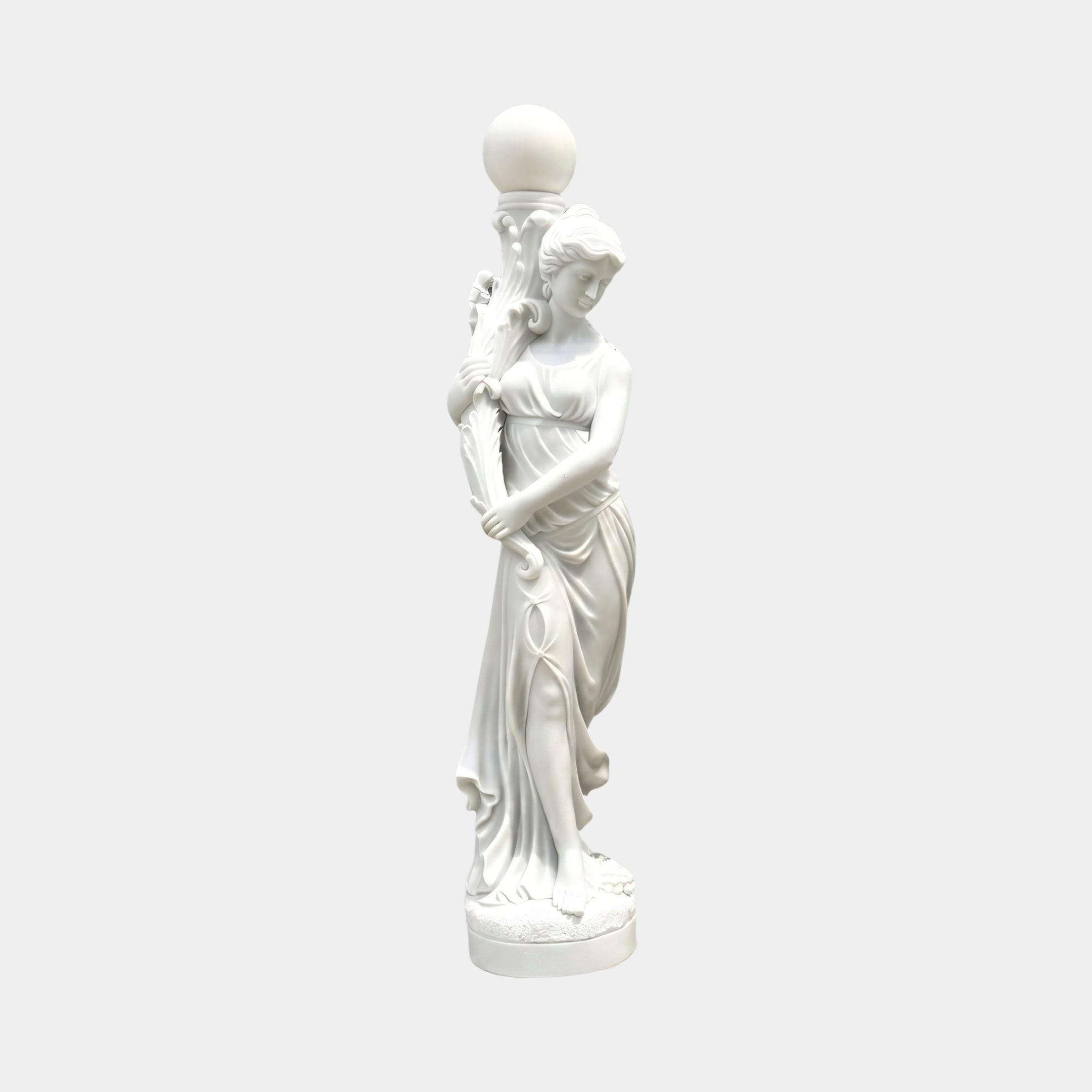 Female Figure Lamp Marble Sculpture by Giant Sculptures, 210cm classical white marble statue of a robed woman holding a globe lamp aloft, on a round base.