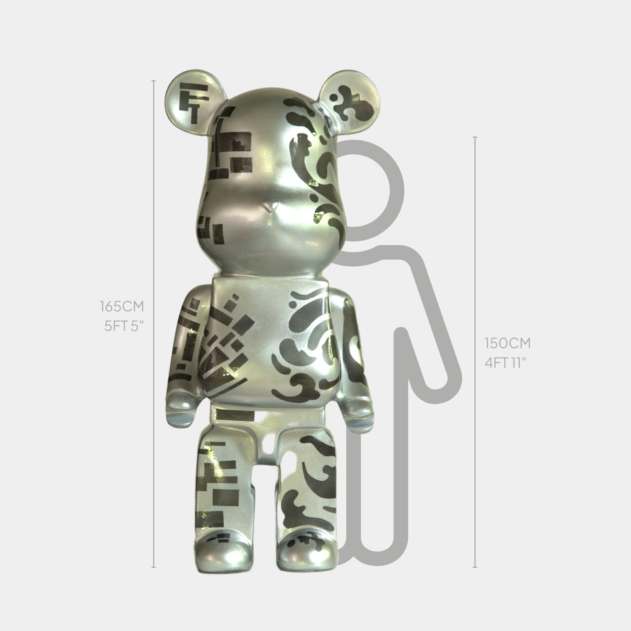 The Inside Appears Outside 3 Bear Sculpture by Giant Sculptures, standing at 165cm tall, features abstract black patterns and futuristic forms, displayed in front of a height chart beside a human silhouette for scale.