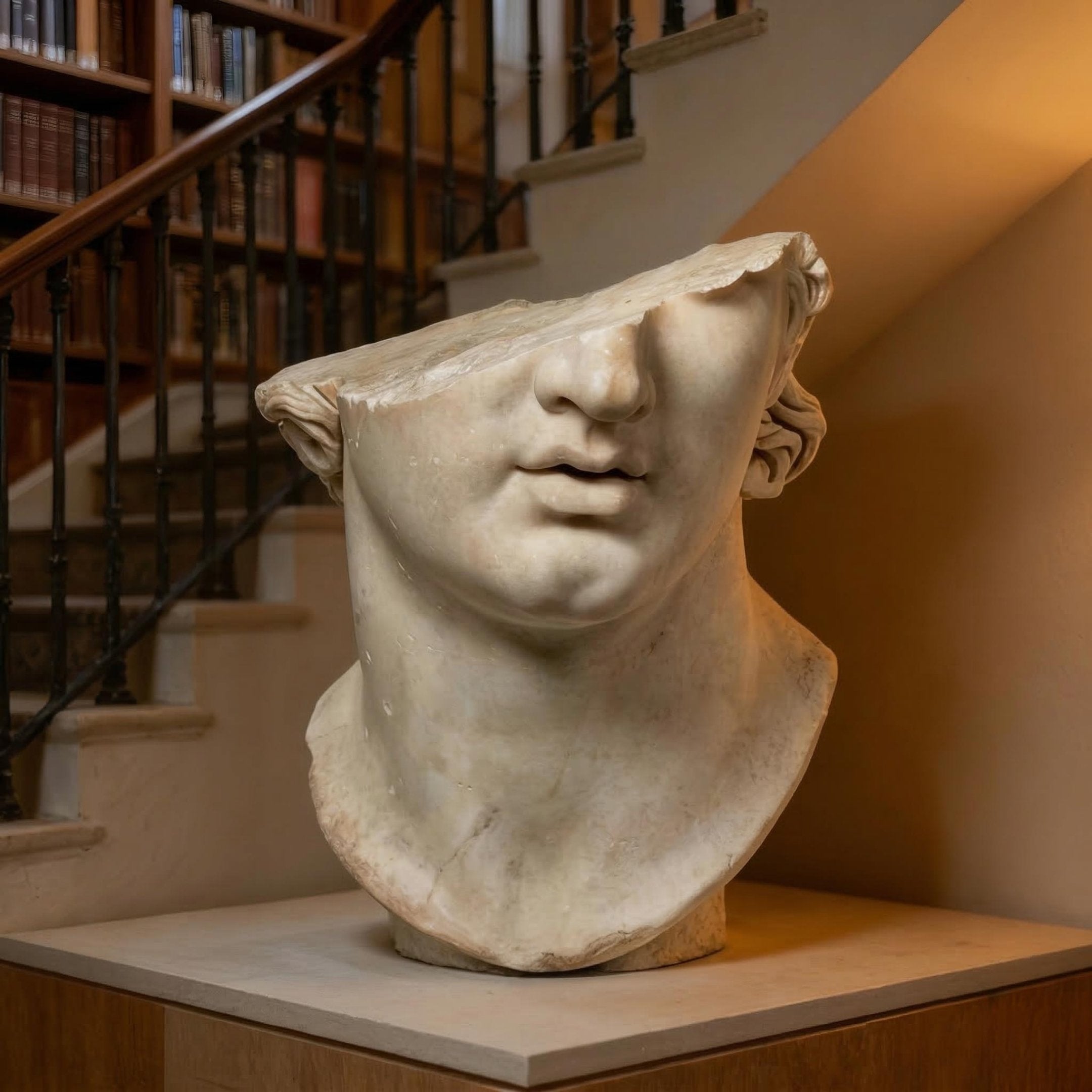 The Giant Sculptures Antique Fragment Head Marble Sculpture - 50cm is displayed on a pedestal near a staircase and bookshelves in an indoor setting, showing an archaeological head with its upper half missing.
