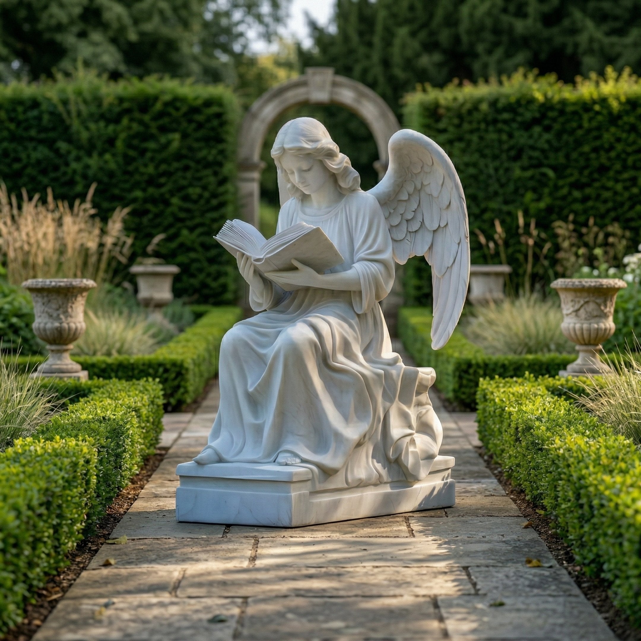 The Contemplative Reading Angel Marble Outdoor Sculpture - 120cm by Giant Sculptures sits on a paved path amid green hedges, stone planters, and an arched trellis, bringing serene charm to any manicured garden.