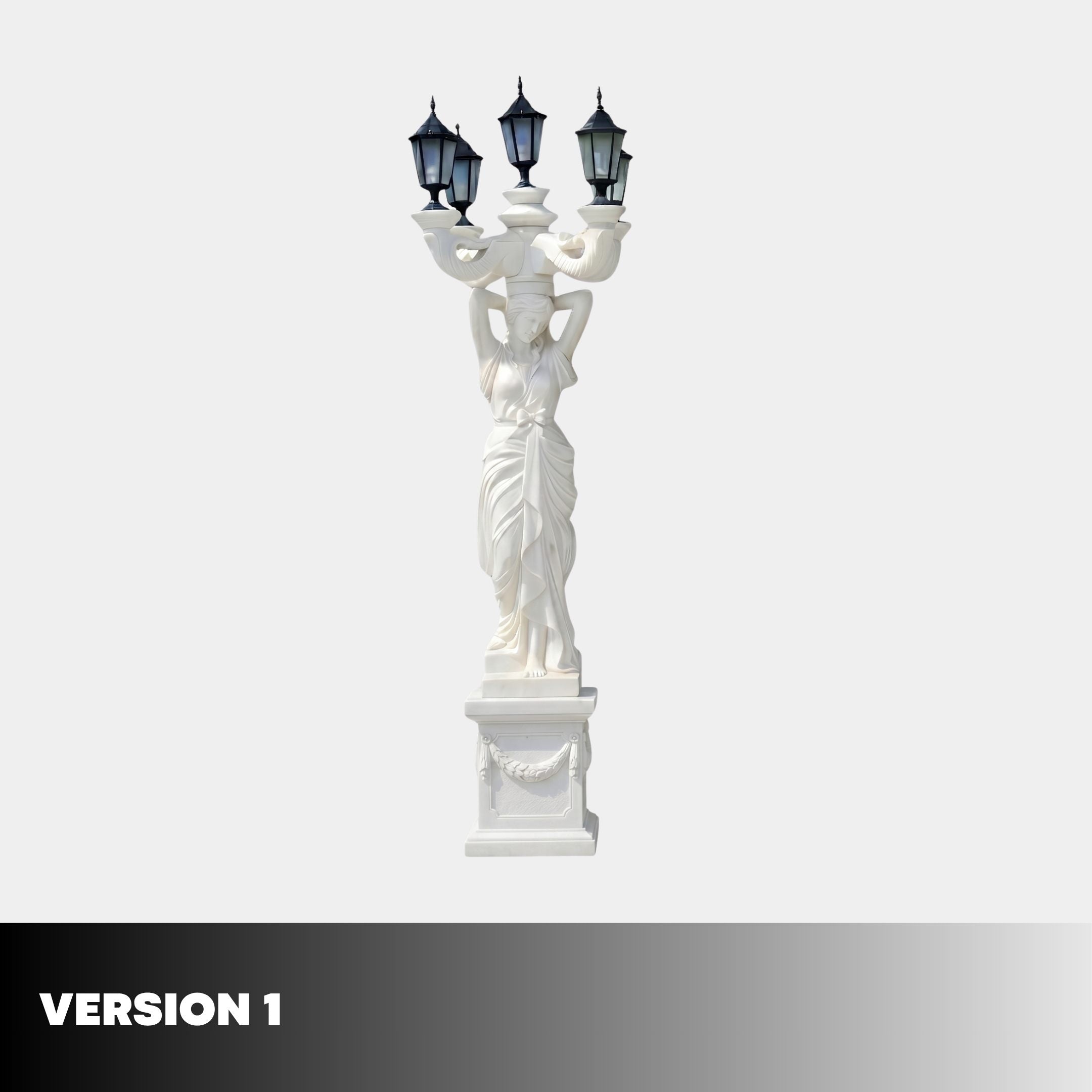 Giant Sculptures' 300cm Classical Woman Marble Lamp Sculpture with a draped female figure raising five black lantern arms above her head, on a carved pedestal.