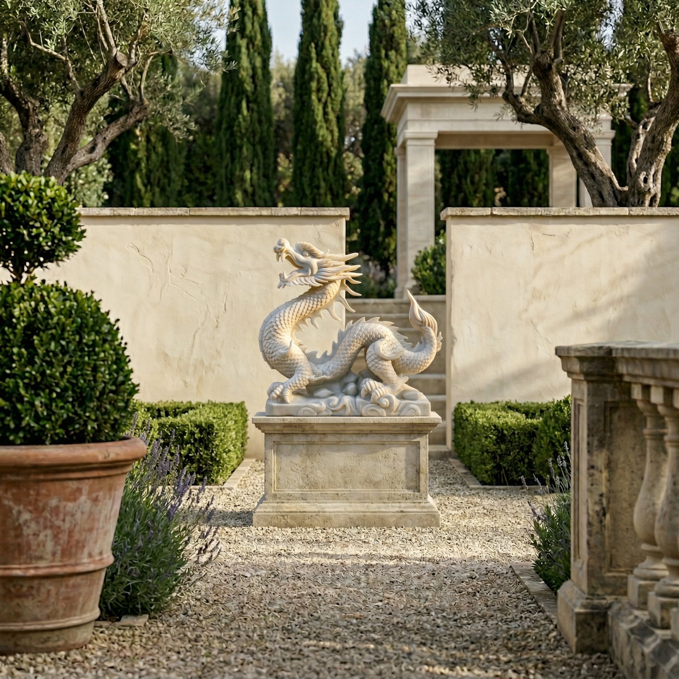 The Majestic Dragon White Marble Outdoor Sculpture by Giant Sculptures (80cm) stands on a pedestal in a formal garden with gravel paths, trimmed hedges, potted plants, and tall trees in the background.