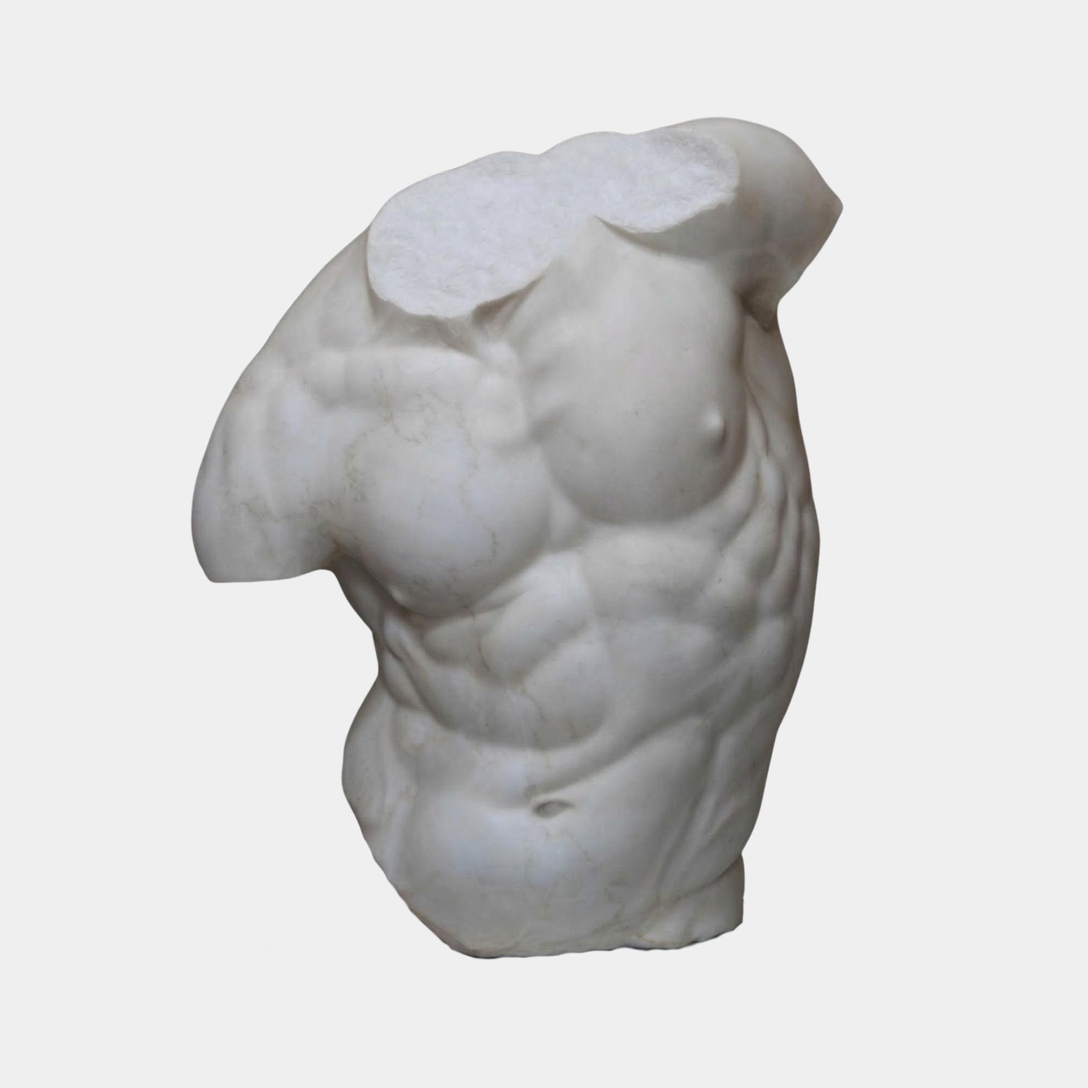 The Classical Male Torso Fragment Sculpture - 80cm by Giant Sculptures features a white marble male torso with sculpted muscles, missing its head, arms, and lower body, set against a plain white background.