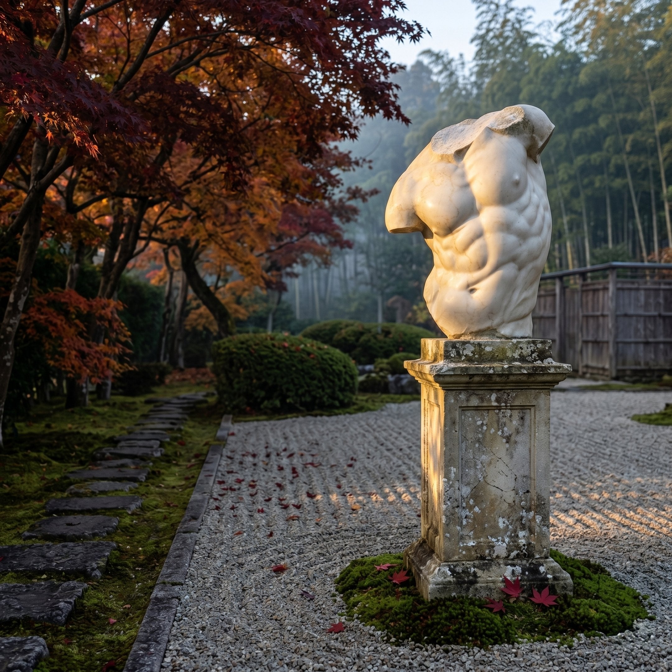 The Classical Male Torso Fragment Sculpture (80cm) by Giant Sculptures stands on a stone pedestal in a tranquil garden with gravel paths, lush greenery, and red autumn leaves under soft morning light.