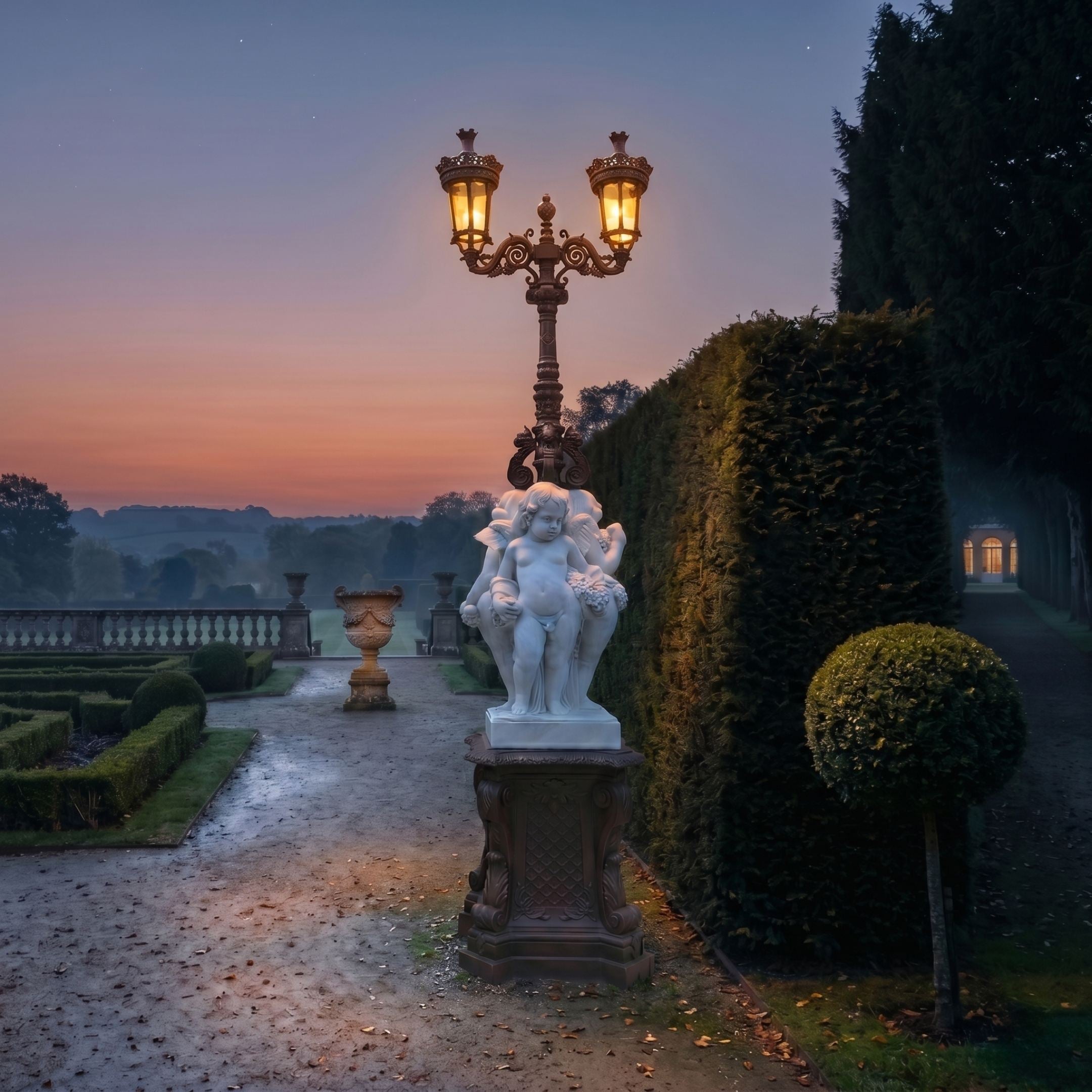 Giant Sculptures Cherub Group Two-Arm Lamp Marble Sculpture 250cm on an ornate pedestal in a formal garden path at dusk, beside a tall hedge.