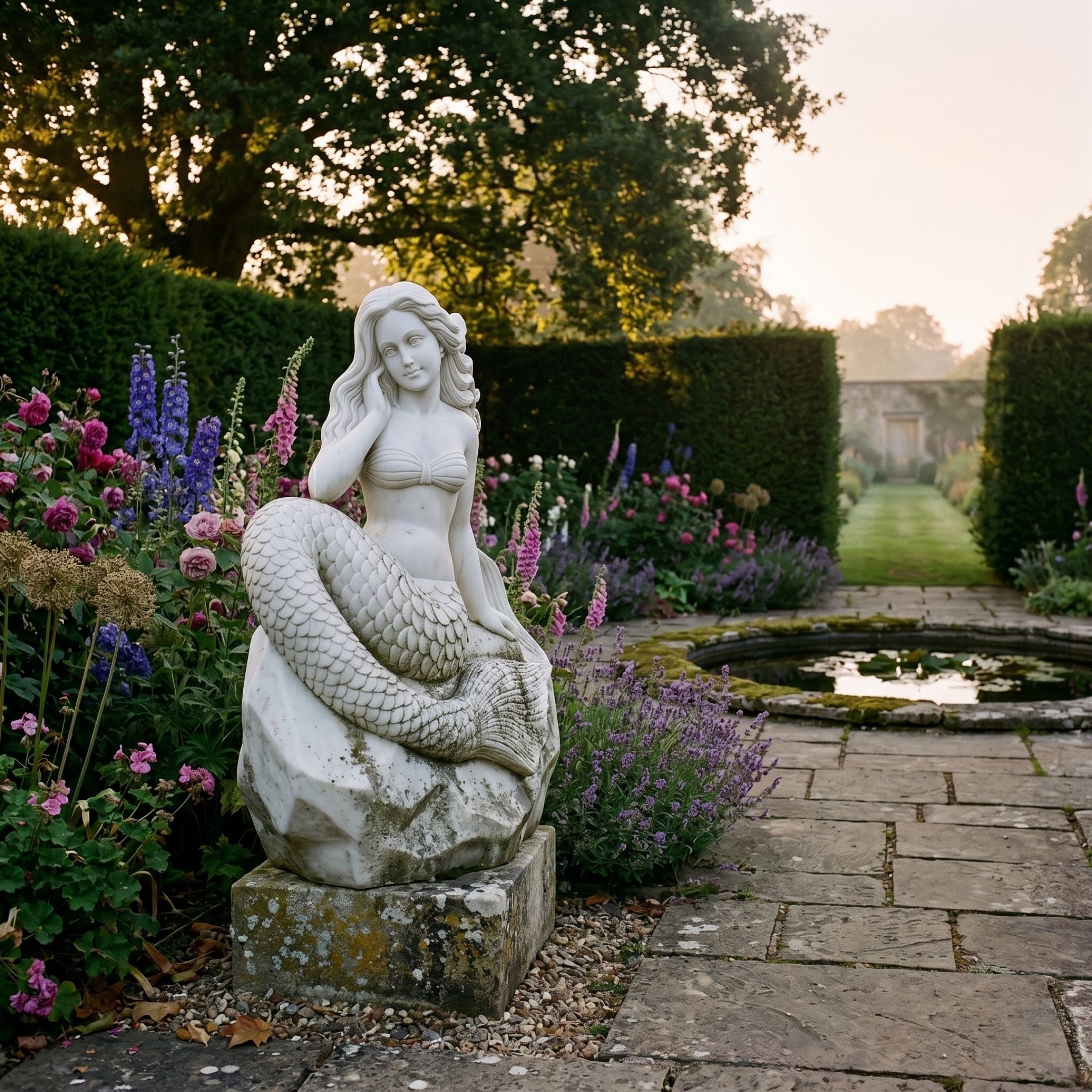 Giant Sculptures 80cm Mermaid Marble Sculpture seated on a rocky base beside a lily pond, surrounded by foxgloves, lavender, and roses in a hedged garden.