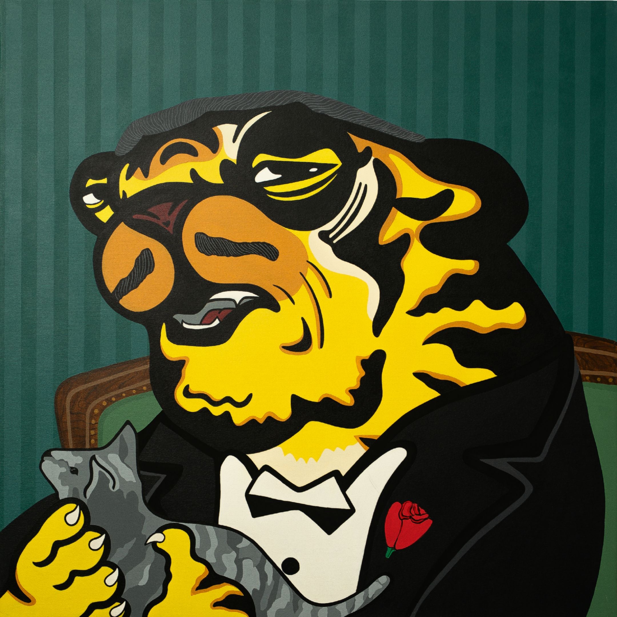 The Godfather Tiger Pop Art Canvas Painting by Giant Sculptures features a tiger in a tuxedo holding a kitten, with human-like traits and a rose in its lapel, set against a green background with vertical stripes.
