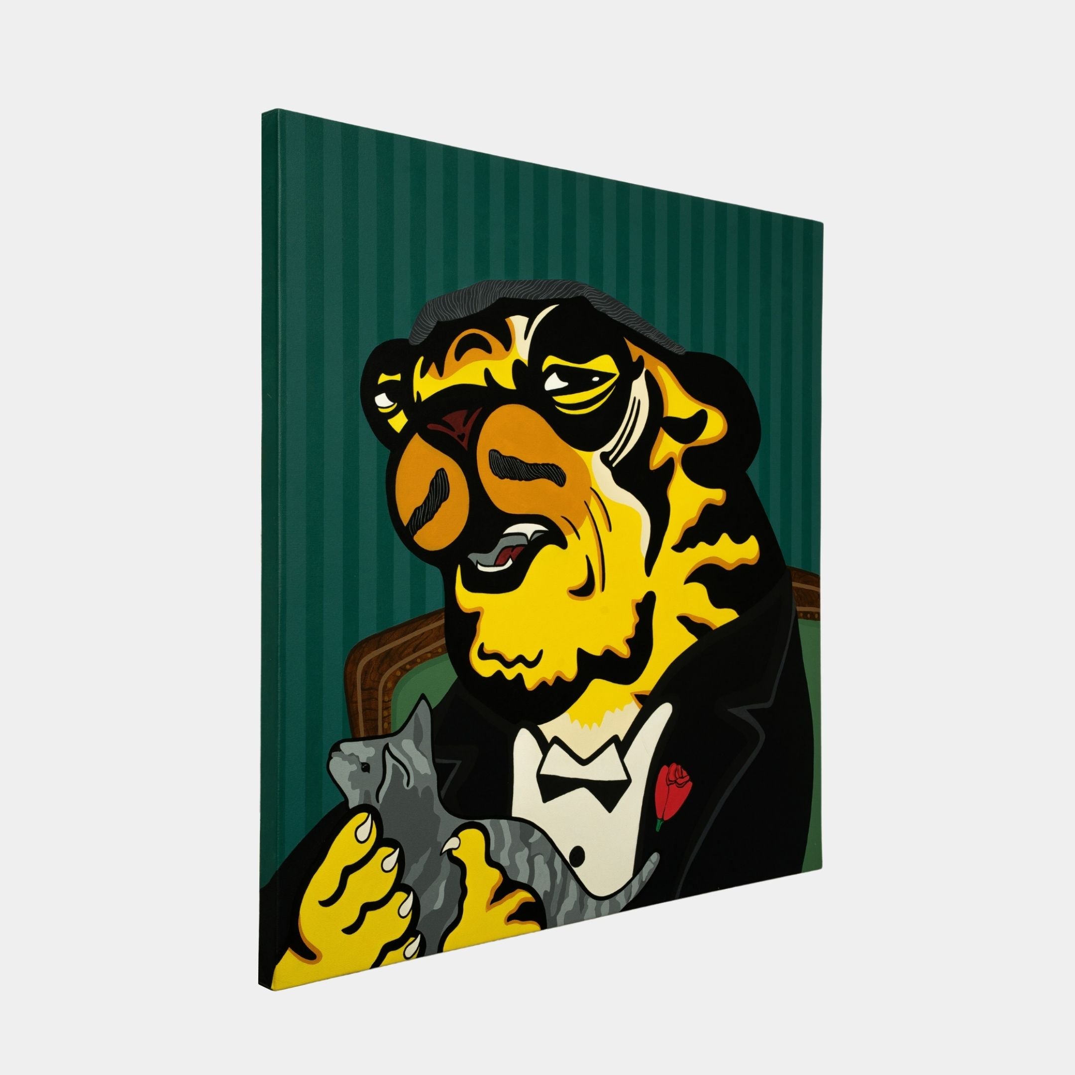 The Godfather Tiger Pop Art Canvas Painting by Giant Sculptures features a tuxedo-clad tiger with a gray cat, exuding a human-like expression. The background boasts vibrant green vertical stripes in classic pop art style.
