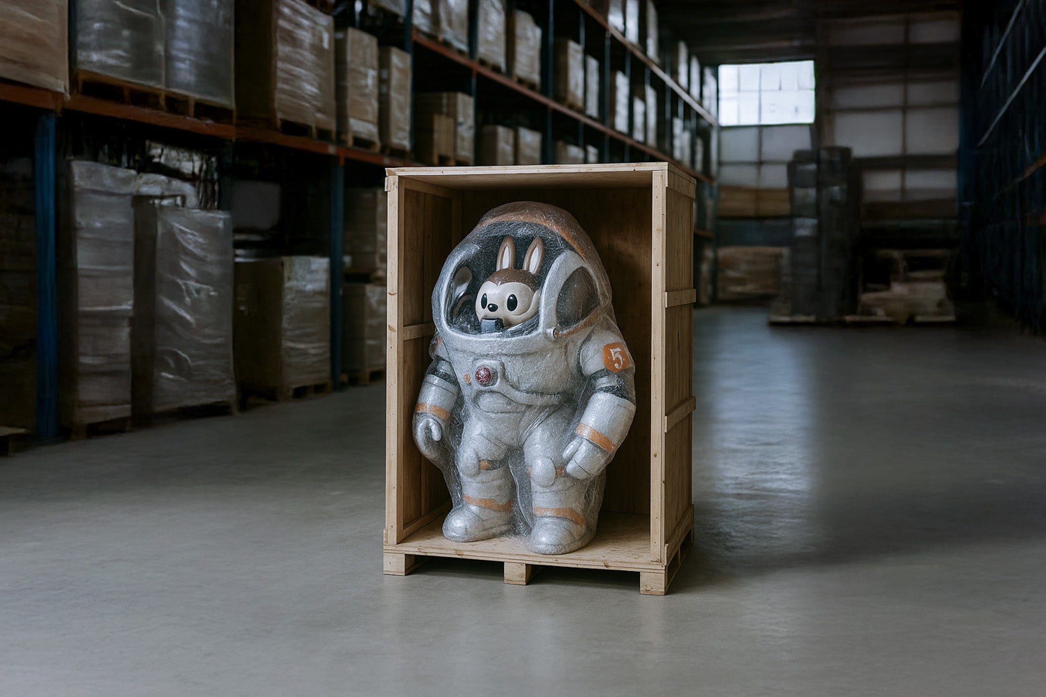 A large rabbit statue dressed in a spacesuit stands inside a wooden crate in an empty warehouse, surrounded by shelves and stacks of wrapped goods.