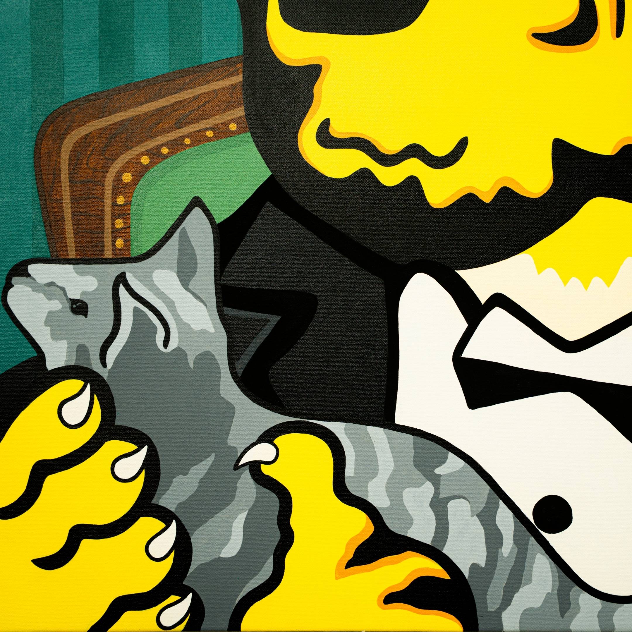 The Godfather Tiger Pop Art Canvas Painting by Giant Sculptures showcases a large yellow figure in a black suit resembling a cartoonish bear, holding a relaxed gray striped cat, all set against a vibrant green background that suggests an armchair, capturing the playful essence of pop art.