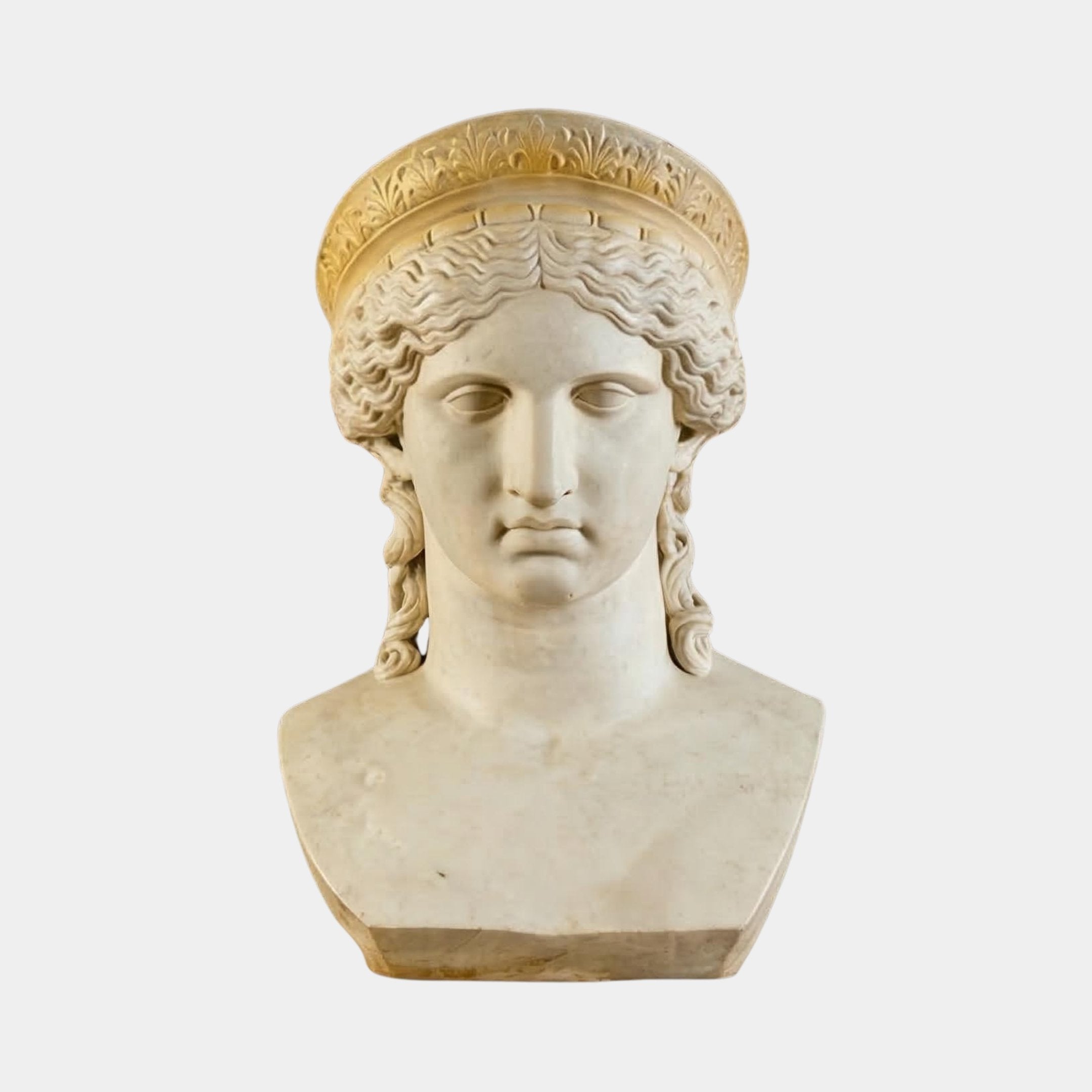 The Hera Marble Bust Sculpture - 50cm by Giant Sculptures features a classical figure with wavy hair and a golden headpiece, set against a plain white background.