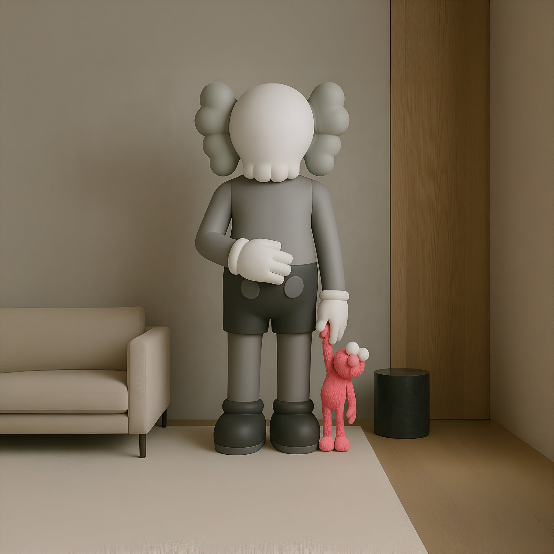 A modern design: The soft grey sculpture from Giant Sculptures features a gray cartoon-like figure with X eyes wearing gloves and black shorts, holding a smaller red figure. They stand beside a beige couch and black table, as part of the 180cm Soft Grey Iconify Pink Furry Toy Sculpture.