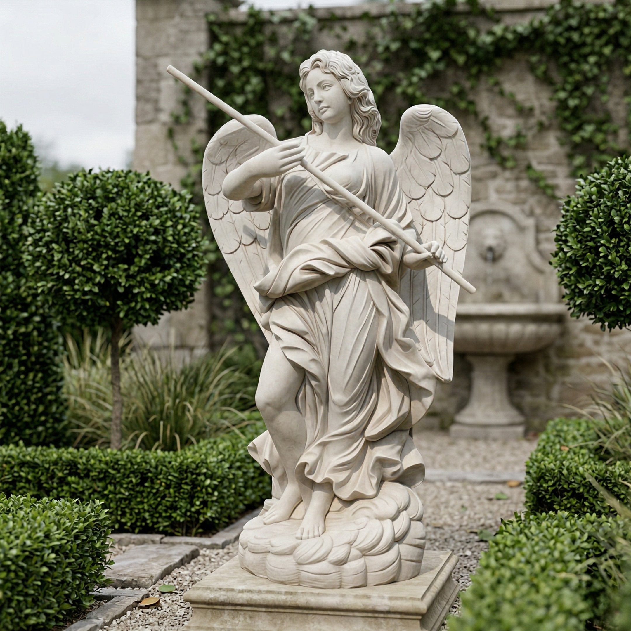 The Defender Staff Angel Marble Outdoor Sculpture (190cm) by Giant Sculptures stands gracefully in a formal garden with trimmed bushes, stone pathways, and an ivy-covered wall, a fountain visible in the background.