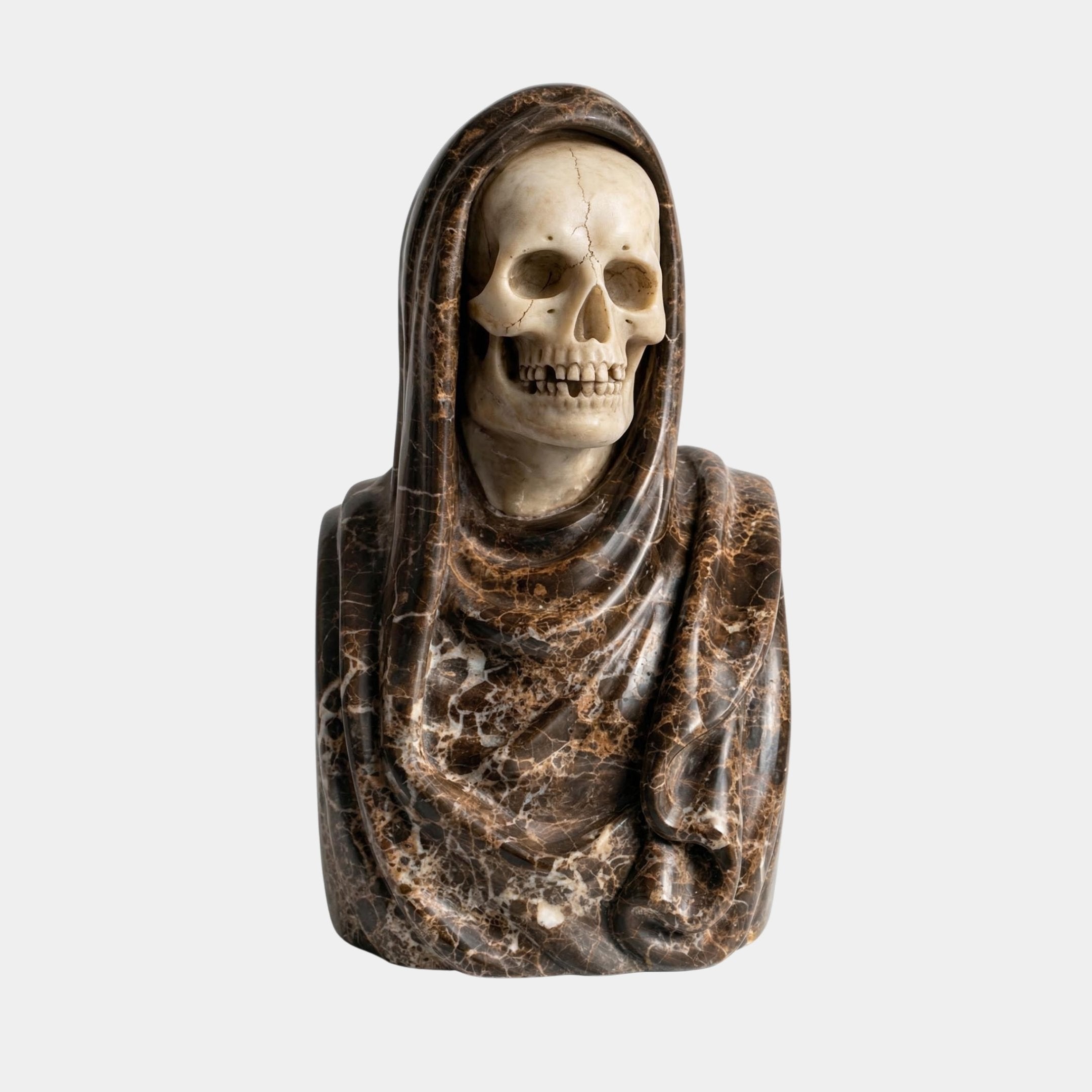 The Giant Sculptures Memento Mori Skull Marble Bust Sculpture (55cm) features a lifelike human skull in a hooded robe with detailed stone texture, capturing the essence of memento mori against a plain white background.