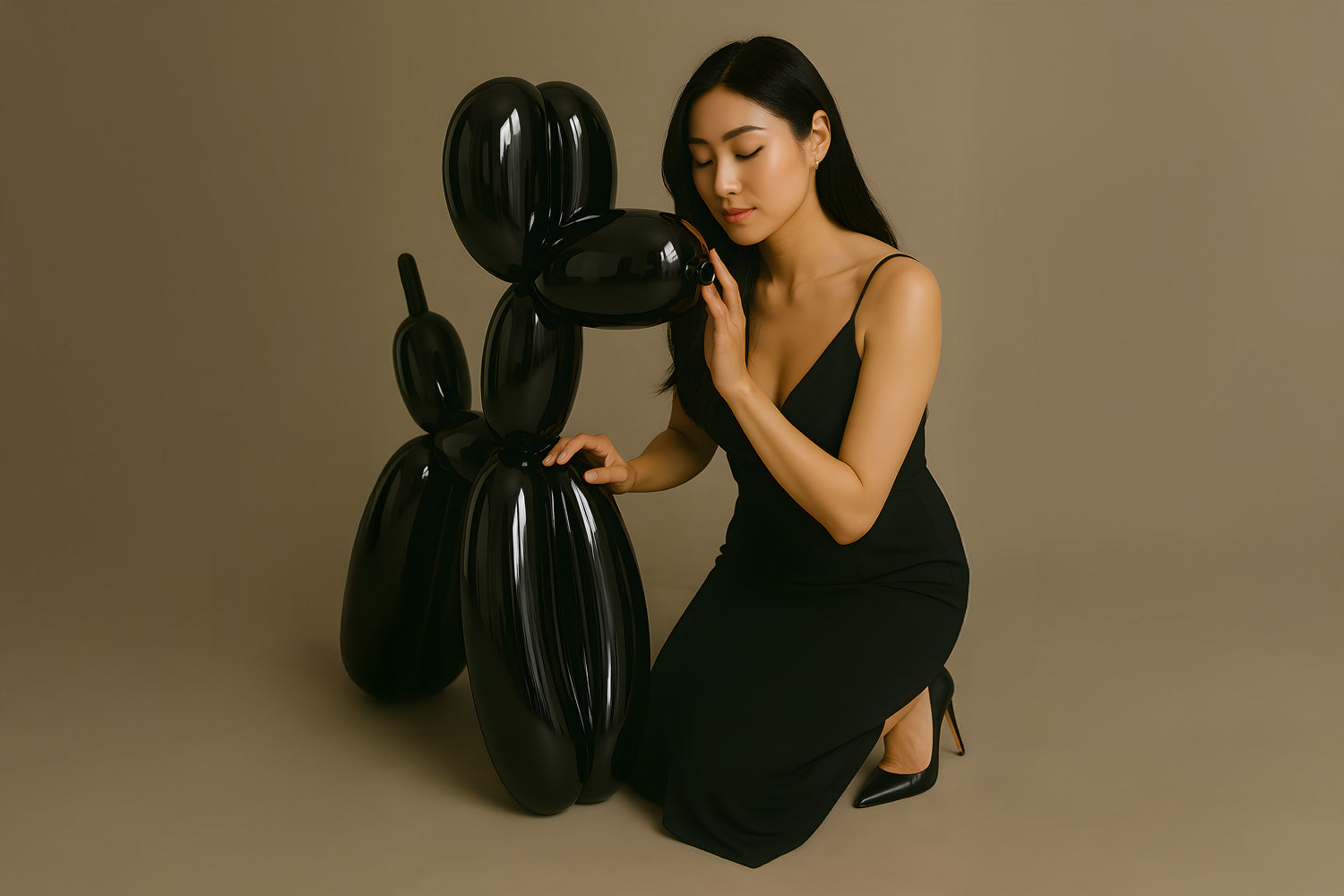 A woman in a black dress kneels beside a large, black balloon sculpture resembling a dog. She gently touches its face, eyes closed, in a minimalist setting with a neutral background.