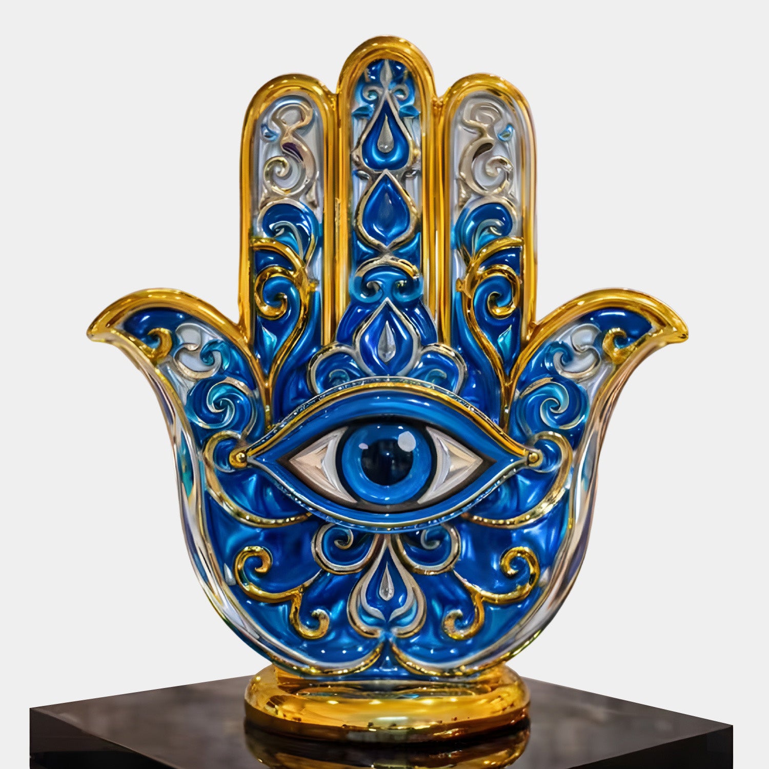 The Golden Hamsa Hand Protection Sculpture - 150cm by Giant Sculptures features an intricate blue and gold design with a prominent eye, set on a black base—ideal as protective symbol decor for your space.