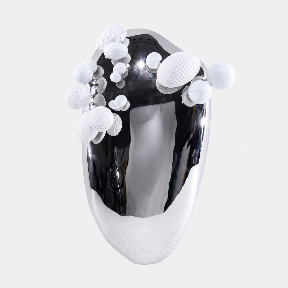 Silver Ovoid Stainless Steel Sculpture - 32cm, polished ovoid form with clustered white 3D-printed spheres and textured accents, shown against a plain white background.