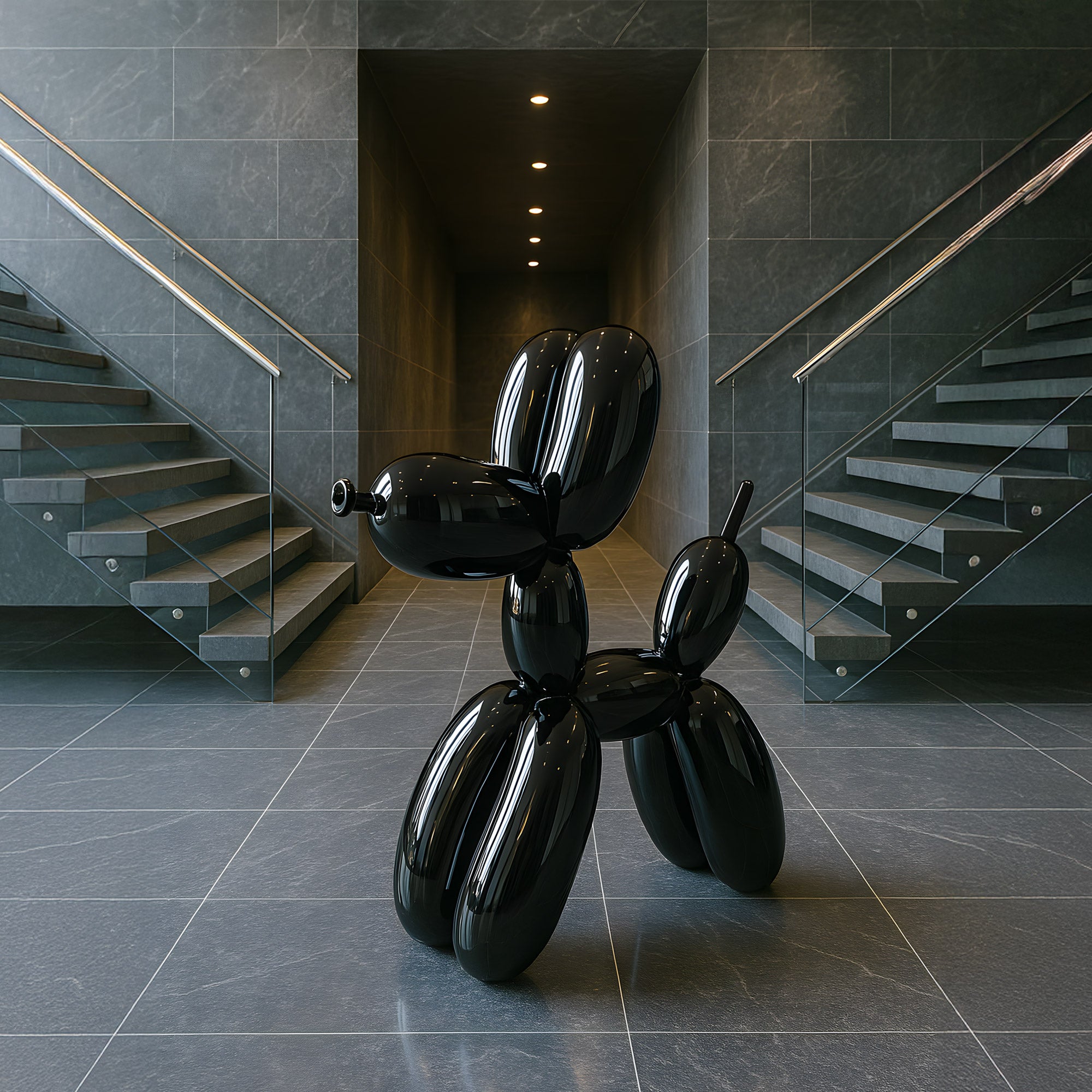 The Onyx Black Balloon Dog Sculpture (130cm) by Giant Sculptures adds modern luxury to a buildings contemporary hallway, nestled between two symmetrical staircases with metal railings, set against sleek dark gray tile walls and floors.
