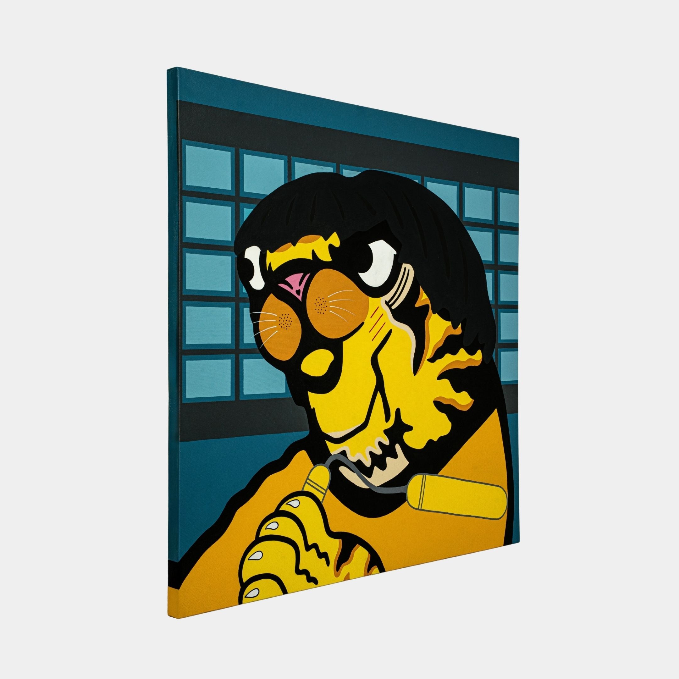 The Bruce Lee Tiger Pop Art Canvas Painting by Giant Sculptures showcases a vibrant tiger in sunglasses and a black wig, holding a yellow microphone against a blue grid background.