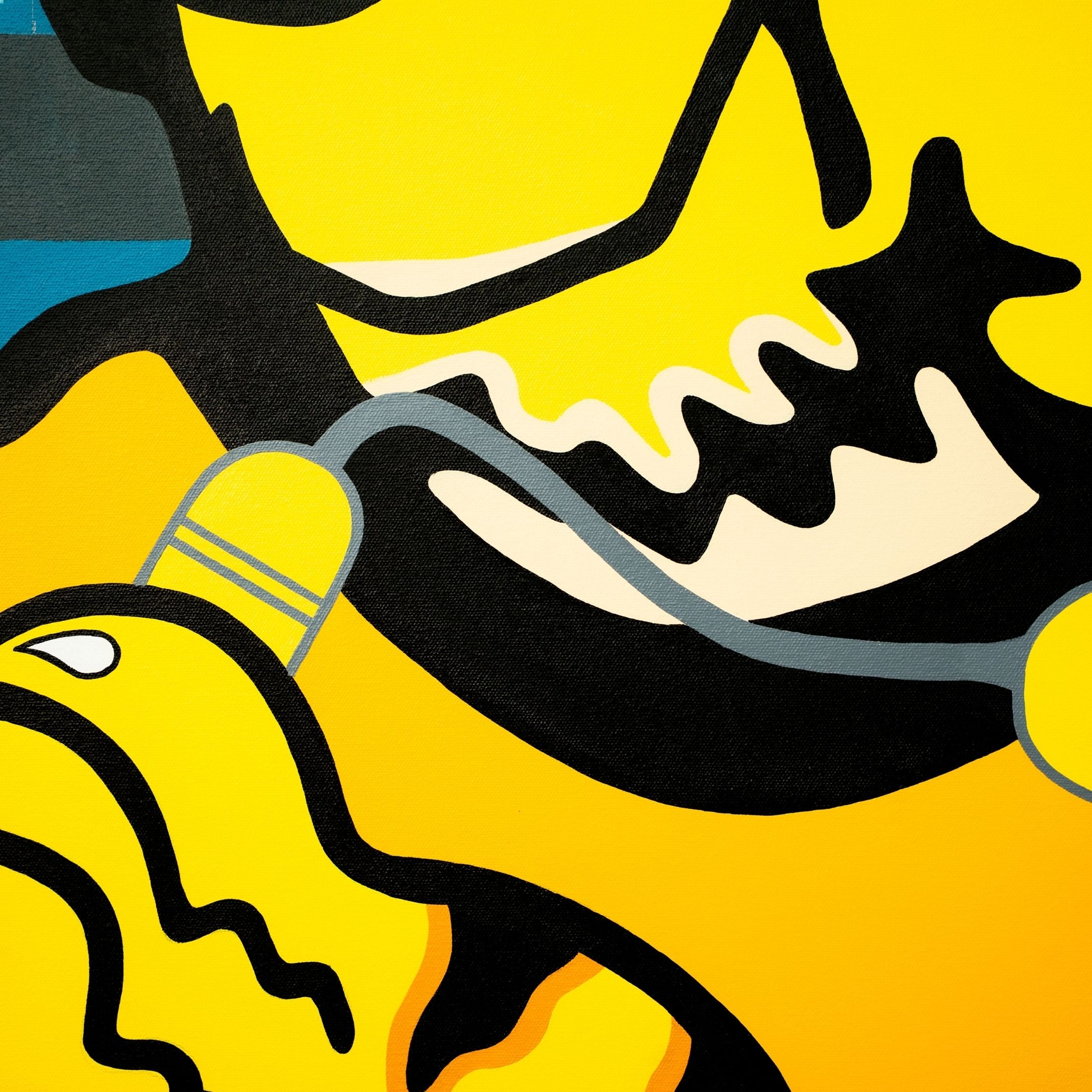 The Bruce Lee Tiger Pop Art Canvas Painting by Giant Sculptures features abstract art with bold black outlines on a bright yellow background, showcasing a stylized face and geometric shapes. A thick gray line curves through, echoing Bruce Lees dynamic power.