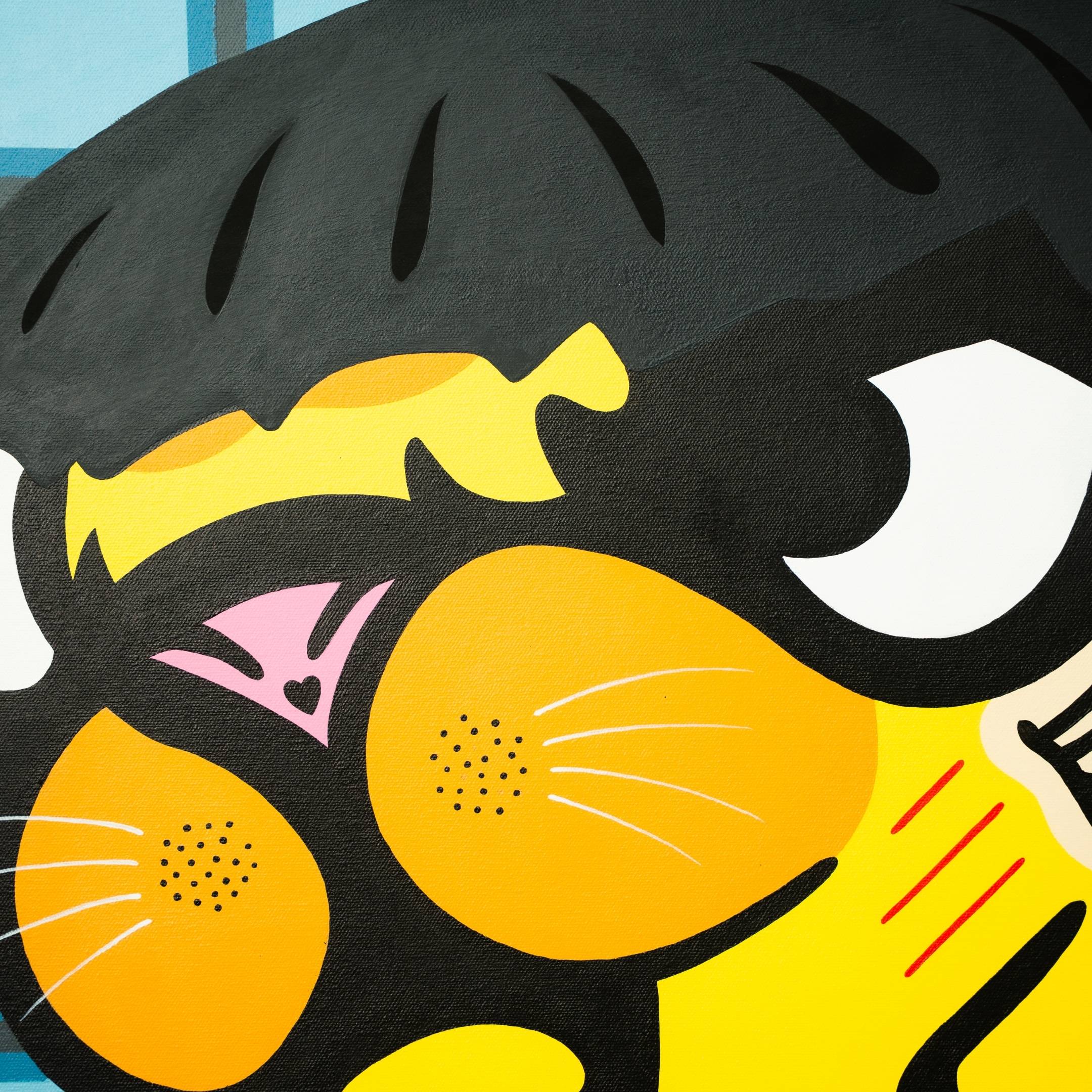 The Bruce Lee Tiger Pop Art Canvas Painting by Giant Sculptures showcases a cartoon-style close-up of an animal face with large black eyes, yellow-spotted cheeks, and a pink nose, set against a striking blue background.