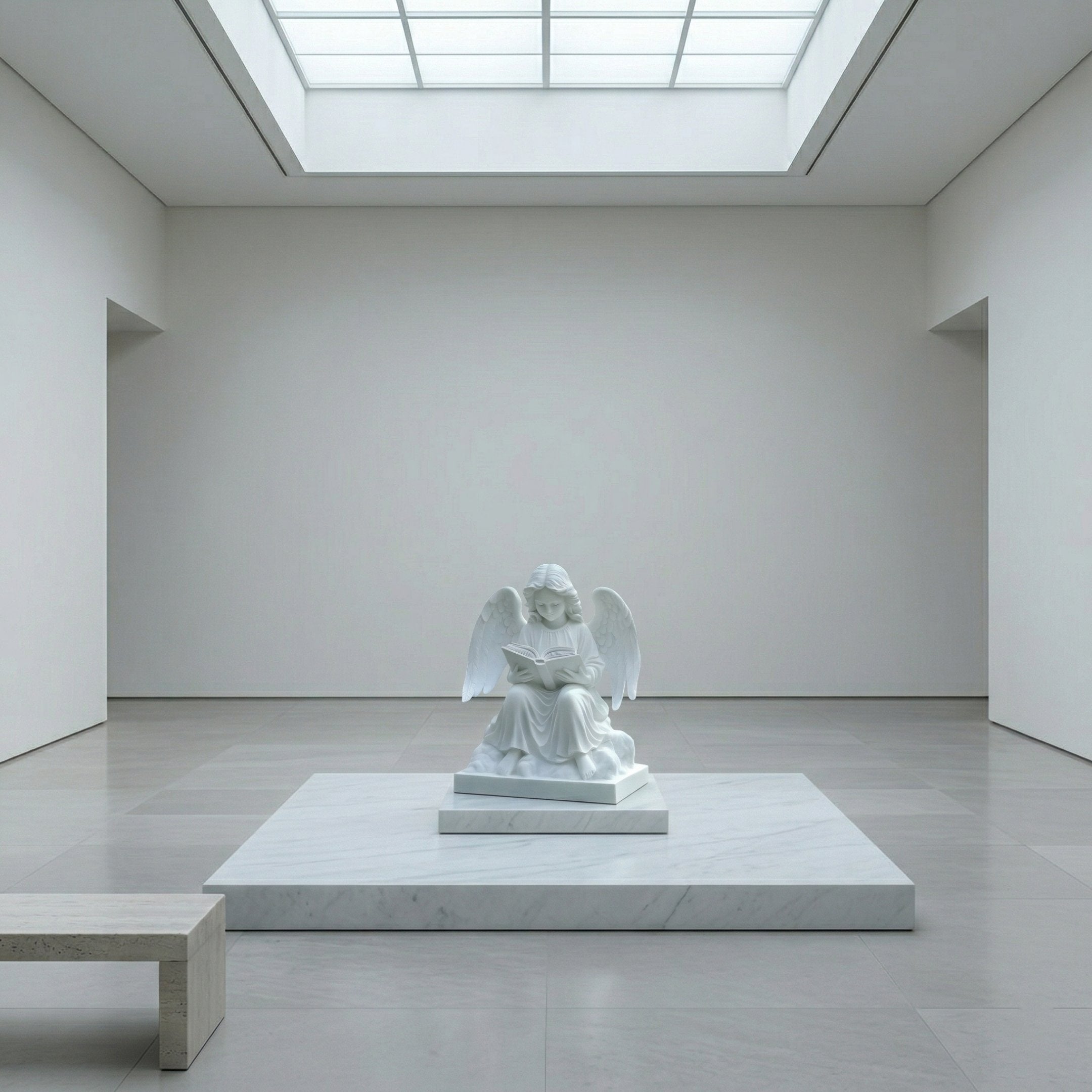 The Reading Little Angel Marble Outdoor Sculpture - 80cm by Giant Sculptures sits on a marble platform in a minimal, modern gallery with light gray walls, a bench, and a large skylight above.