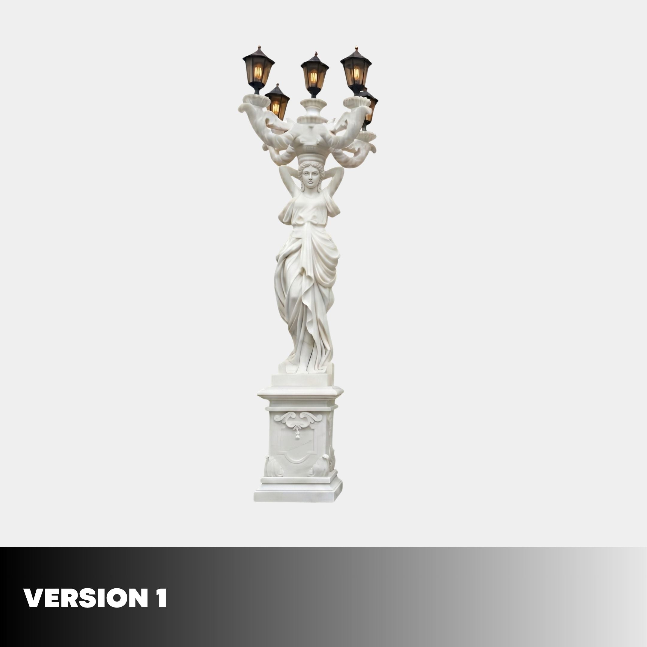 Classical Lady Five-Arm Lamp Marble Sculpture 300cm by Giant Sculptures, draped woman holding five lit lanterns above her head on a carved pedestal.