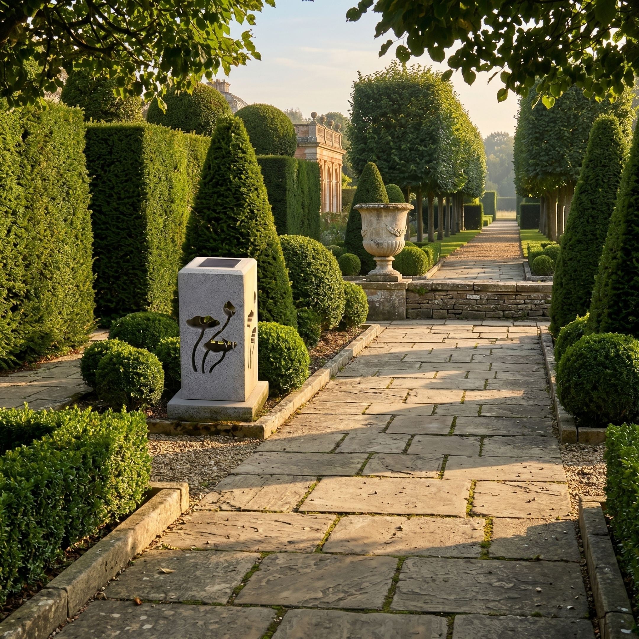 Giant Sculptures Japanese Stone Garden Lantern 50cm in pale granite with carved nature motifs, set among clipped topiary along a stone path in a formal garden.