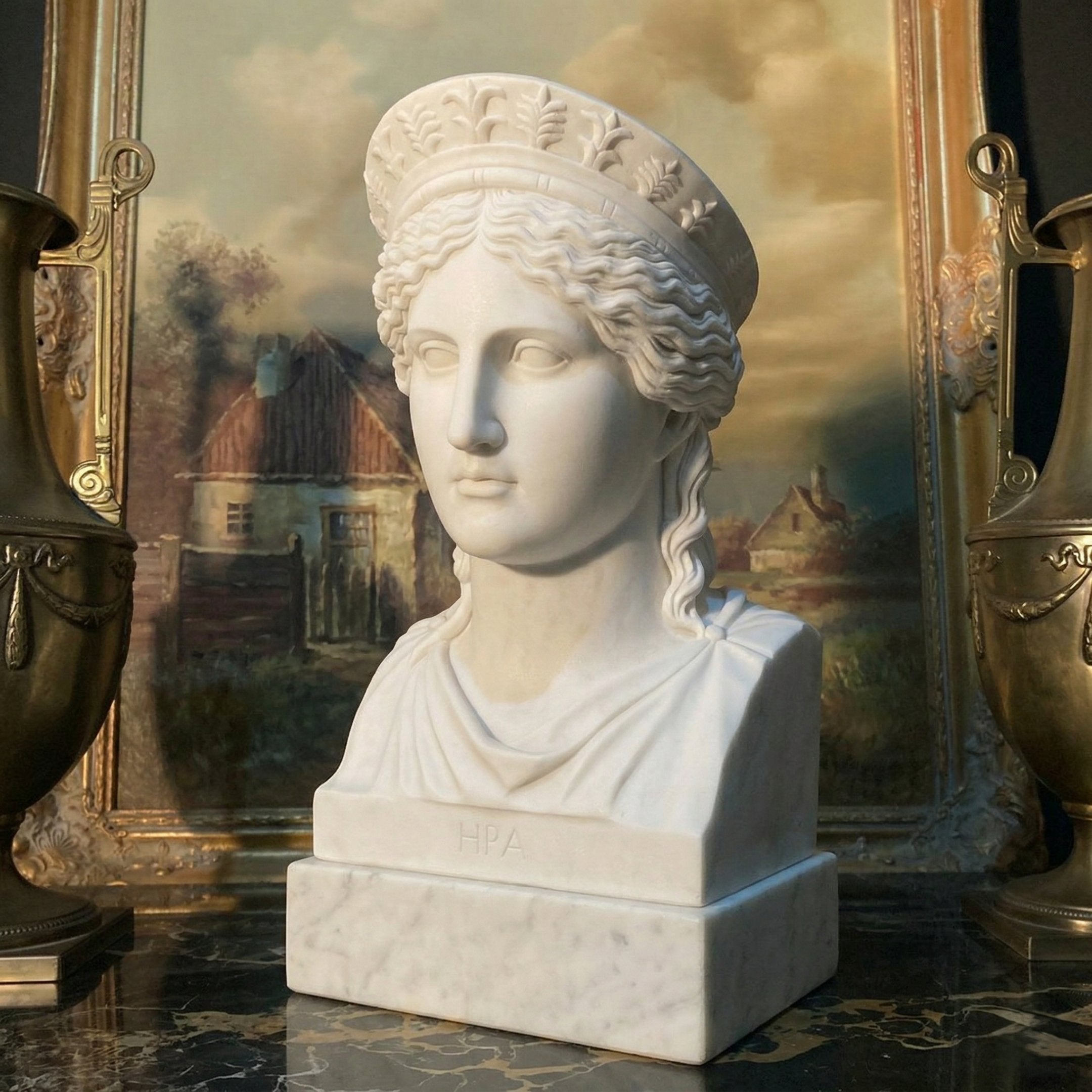 The Hera Marble Bust Sculpture - 50cm by Giant Sculptures, featuring a woman with wavy hair and a crown, stands on an engraved marble base flanked by ornate golden vases before a framed painting of rustic houses under a cloudy sky.