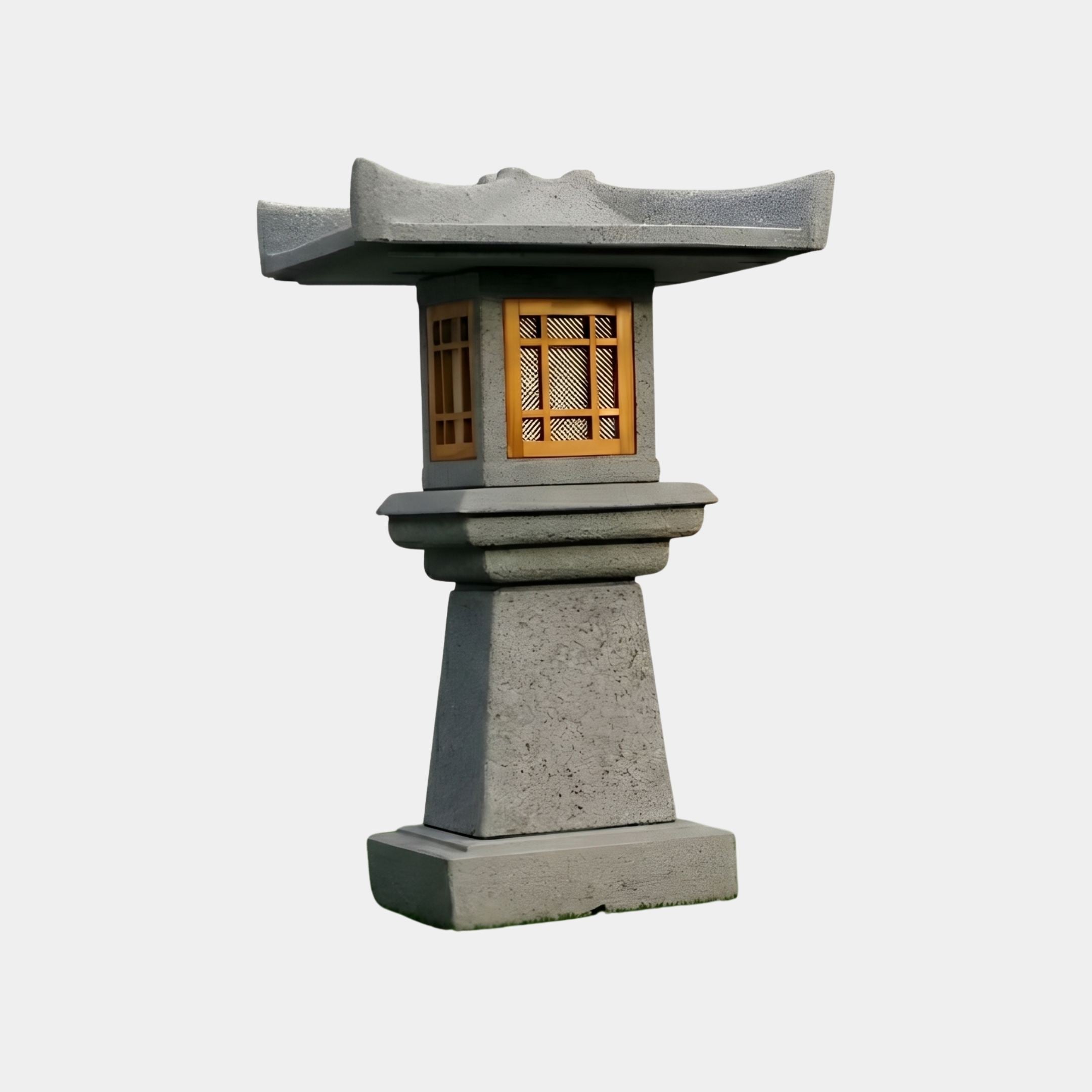 Large Japanese Temple Lantern 120cm by Giant Sculptures in natural grey granite, featuring a wide pagoda-style roof, illuminated wooden lattice light chamber, and tapered pedestal base on a plain background.