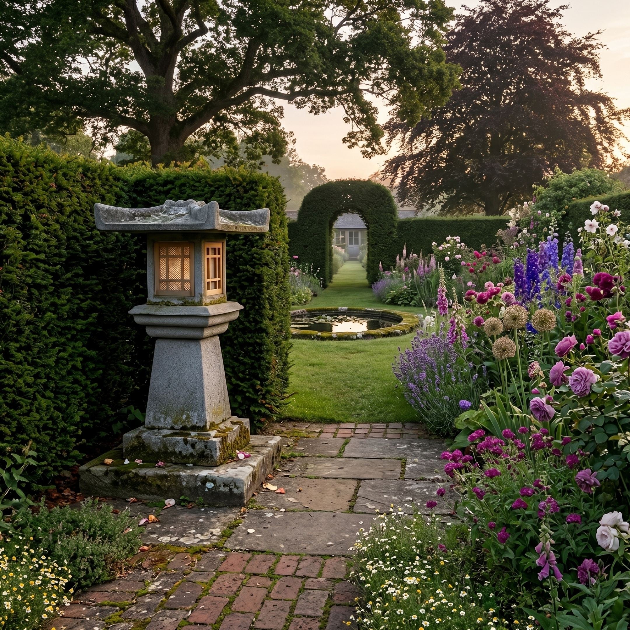 Large Japanese Temple Lantern 120cm by Giant Sculptures in carved grey granite, glowing softly on a brick path beside clipped hedges, lavender and foxgloves.
