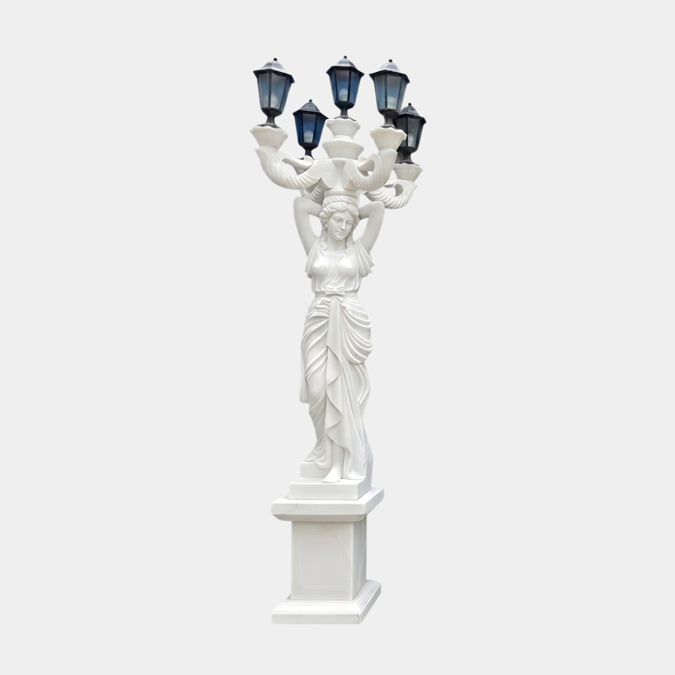 Giant Sculptures' 300cm Classical Woman Five-Arm Lamp Marble Sculpture in white marble with dark lantern caps, raised arms supporting the lamps, on a pedestal.