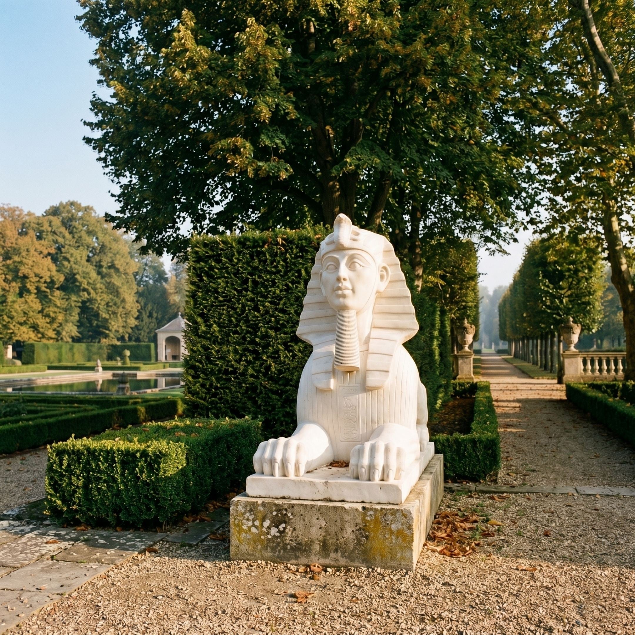 Giant Sculptures Egyptian Sphinx Marble Sculpture 110cm in white marble with nemes headdress, displayed on a stone plinth in a formal garden with hedges.