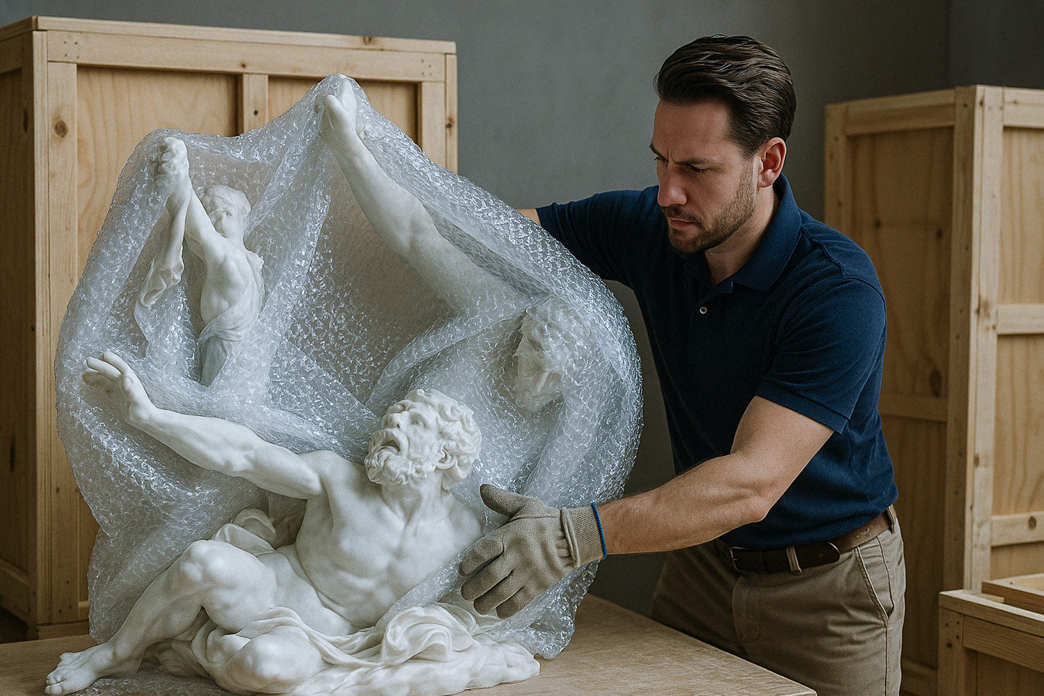 A man wearing gloves carefully unwraps a marble sculpture covered in bubble wrap. The sculpture depicts a dramatic scene with multiple human figures. Wooden crates are visible in the background.