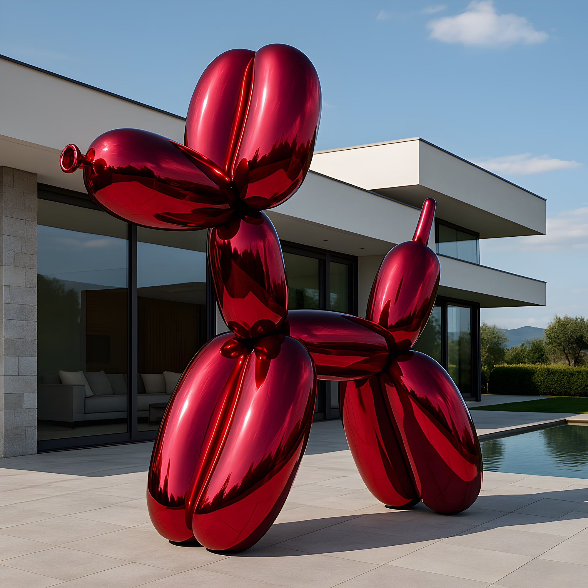 A 240cm Fire Red Balloon Dog Sculpture by Giant Sculptures stands outside a modern glass-walled house. The clear sky frames this striking art piece amidst a patio and lush green bushes.