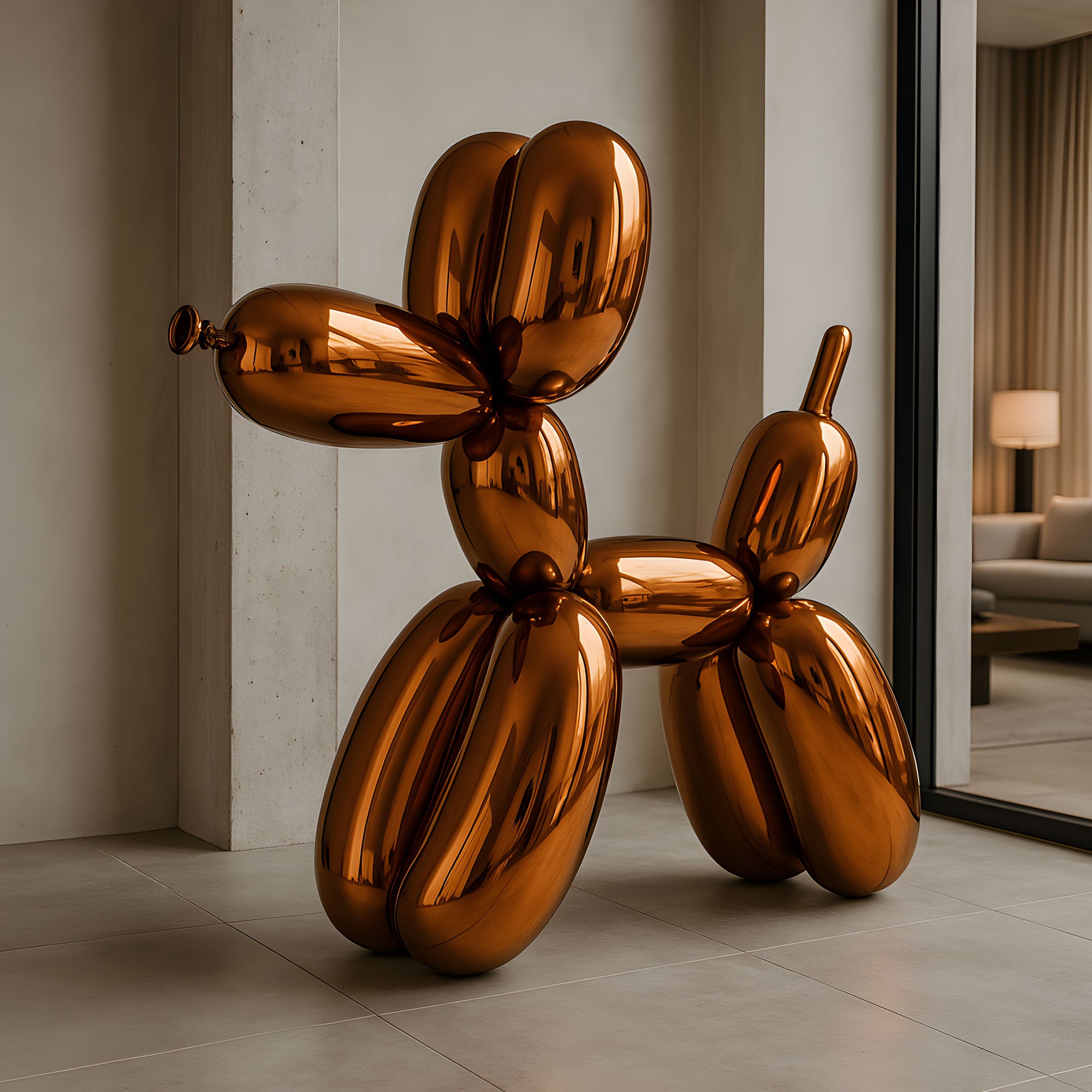 A 100cm Sunset Orange Balloon Dog Sculpture by Giant Sculptures, with a shiny copper finish, is showcased indoors on a tiled floor near a large window, enhancing the artistic vibe of the modern living room in the background.
