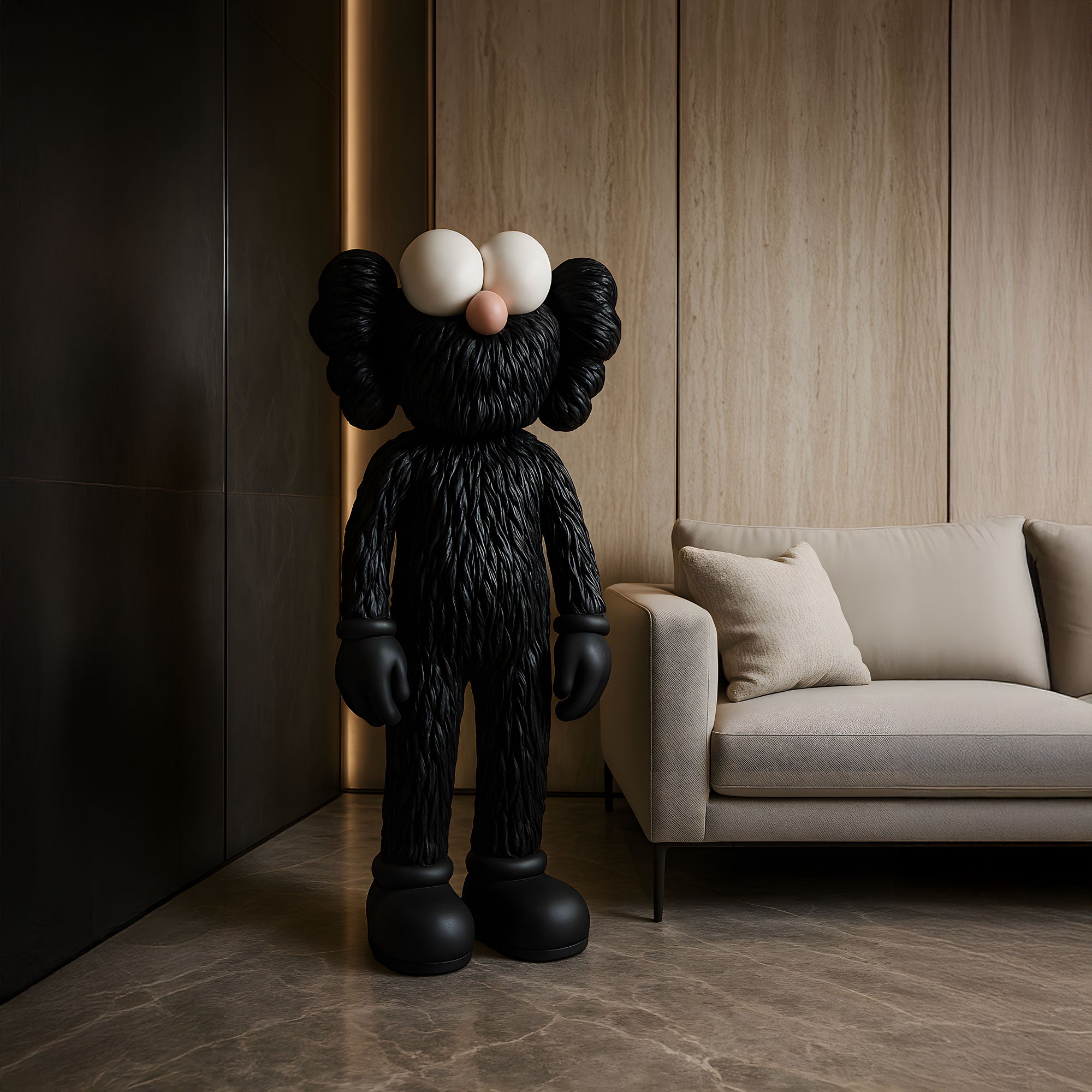 An Obsidian Black Iconify Furry Sculpture - 135cm by Giant Sculptures, with oversized eyes, stands next to a beige sofa in a modern room featuring wood-paneled walls and marble flooring.