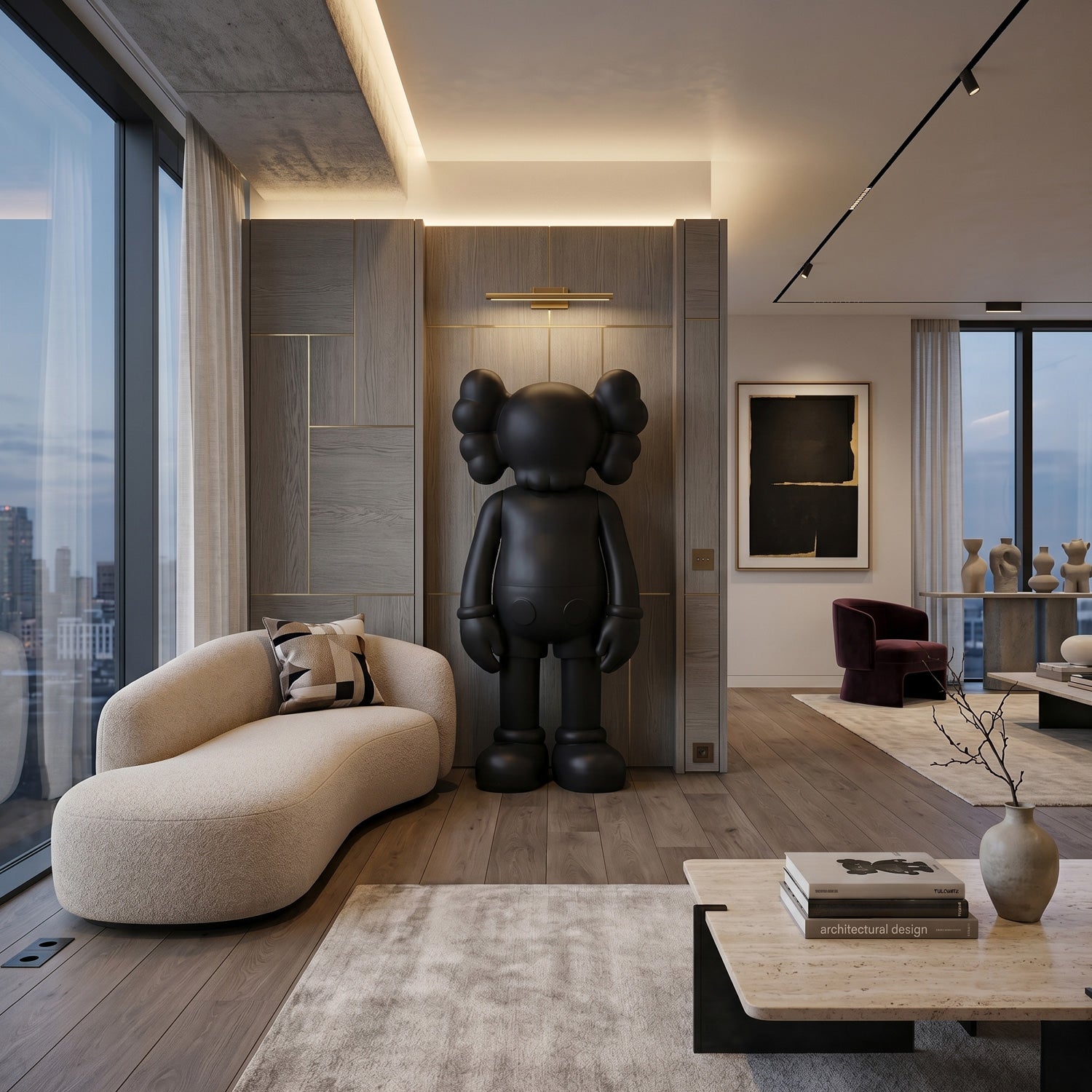 Midnight Black Iconify Standing Sculpture by Giant Sculptures displayed against a wood-panelled wall in a modern living room with a curved bouclé sofa nearby.