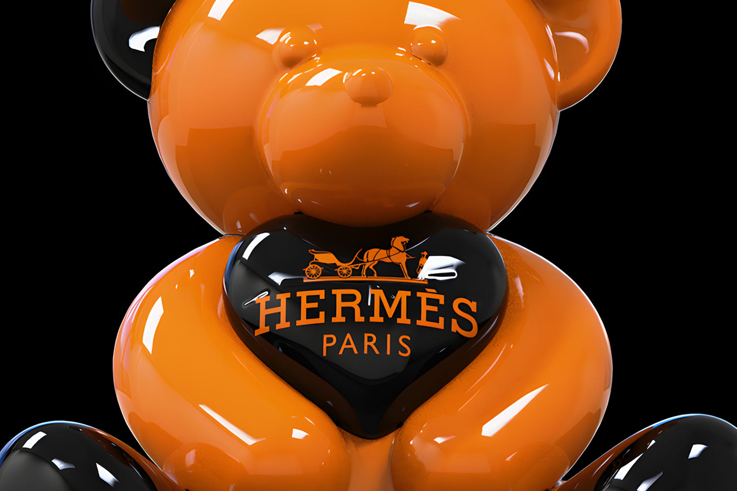 Orange and black bear-shaped sculpture holding a heart featuring the Hermès Paris logo. The bear is glossy and reflective, with a black background highlighting its vibrant color.
