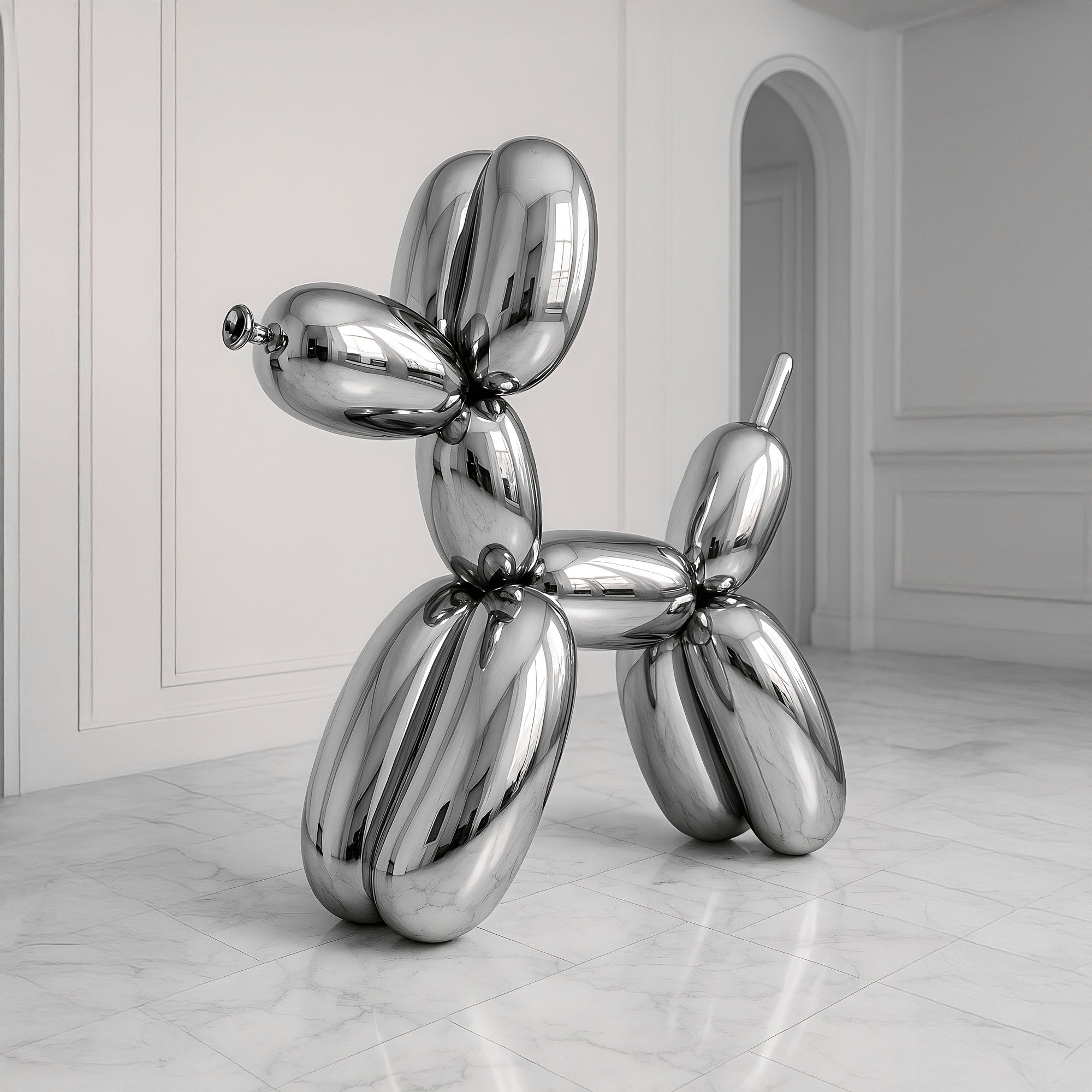 The Mystic Chrome Balloon Dog Sculpture - 100cm by Giant Sculptures stands on a polished marble floor in a minimalist white room with decorative molding, showcasing contemporary art through its shiny, abstract design.