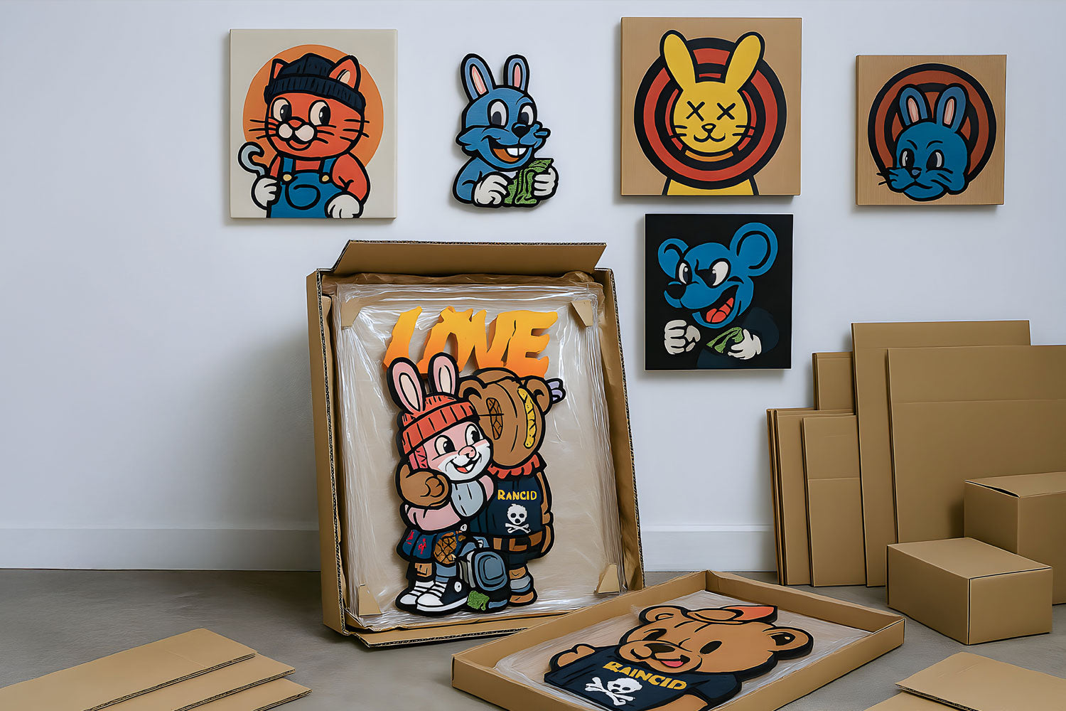 Colorful cartoon animal art pieces, mainly rabbits and a cat, are displayed on a white wall. More artworks in cardboard boxes are stacked and unpacked on the floor of a minimalist room.