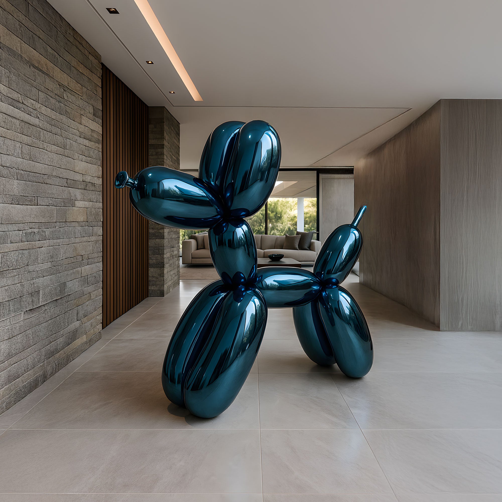 The Sapphire Blue Balloon Dog Sculpture - 100cm by Giant Sculptures stands in a modern room with stone walls and large windows. The light-colored tile floor enhances its sleek, contemporary design—a perfect piece for luxury spaces.