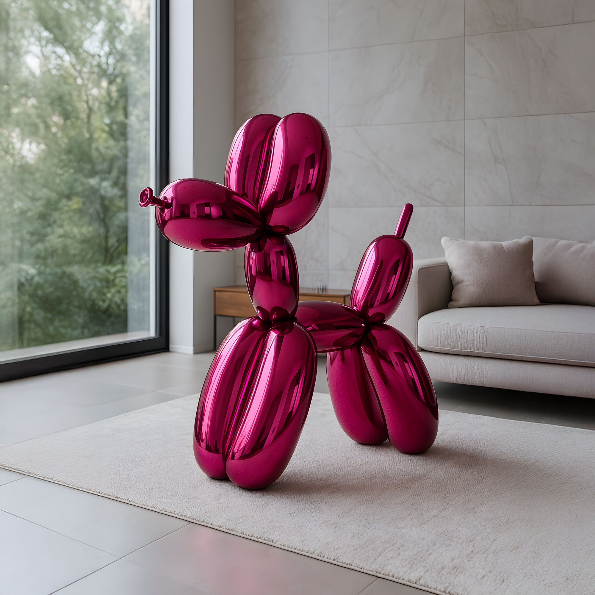 A 100cm Flamingo Pink Balloon Dog Sculpture by Giant Sculptures gleams atop a light rug in a modern living room. Its playful form complements a beige sofa and large window with lush greenery, making this whimsical piece the rooms centerpiece.