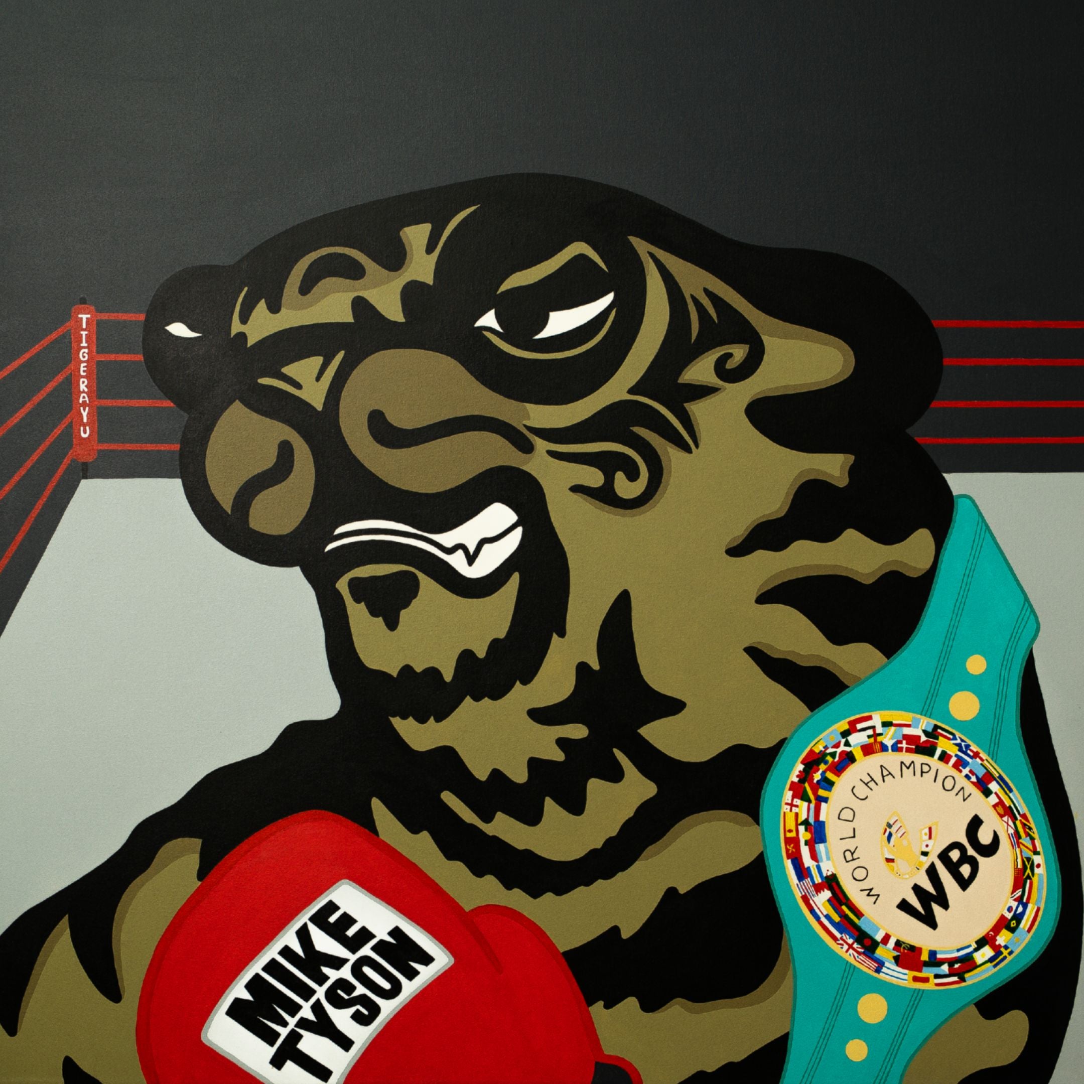 The Tyson Tiger Pop Art Canvas Painting by Giant Sculptures features a stylized turtle with a fierce expression, wearing a red boxing glove labeled Mike Tyson and a turquoise WBC World Champion belt, set against red ropes that evoke an electrifying boxing ring.