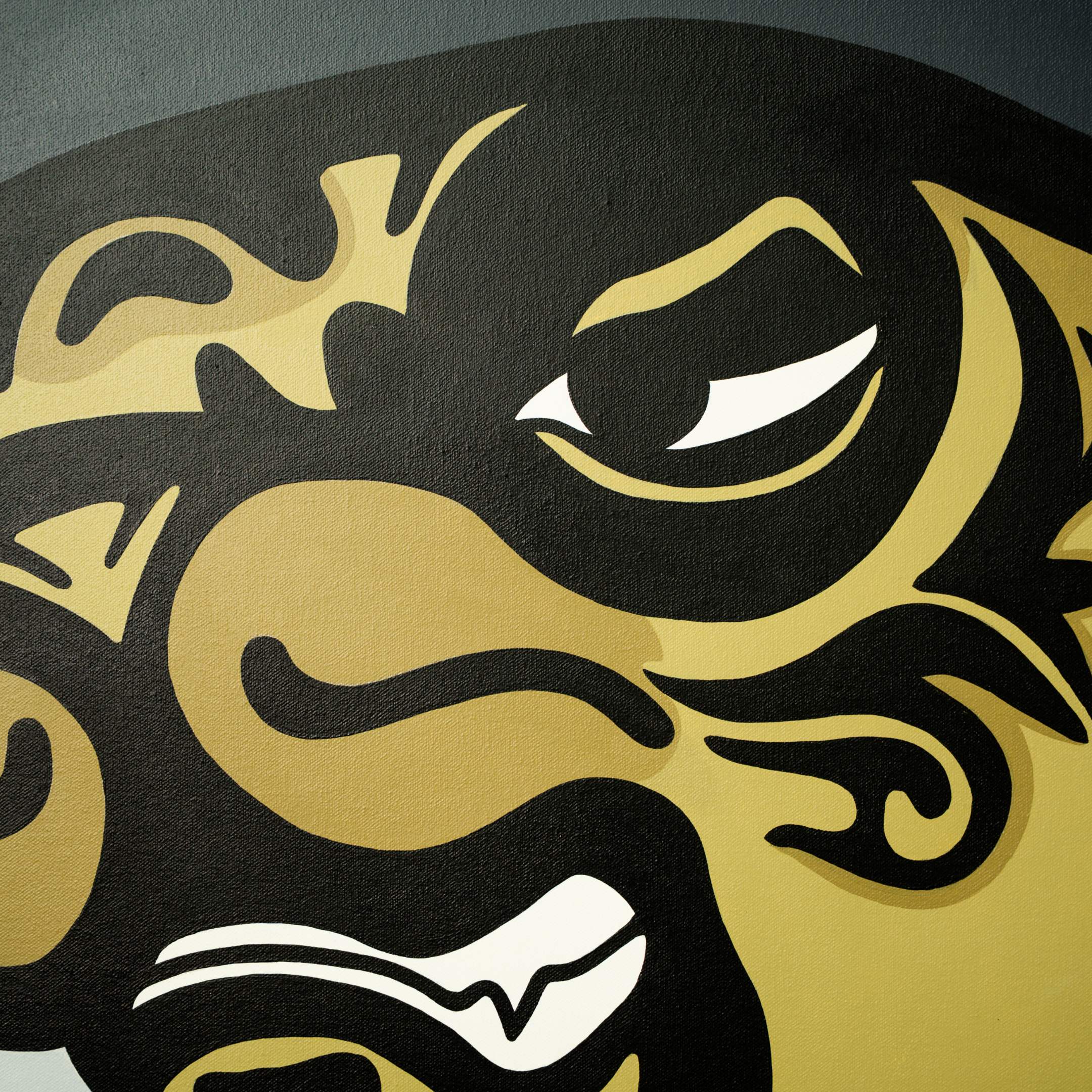 Dynamic abstract mural on canvas featuring bold black, gold, and white shapes resembling a stylized face with exaggerated eyes and mouth. Capturing the fierce spirit of a boxing champion, its swirling lines create an expressive appearance akin to Giant Sculptures Tyson Tiger Pop Art Canvas Painting.
