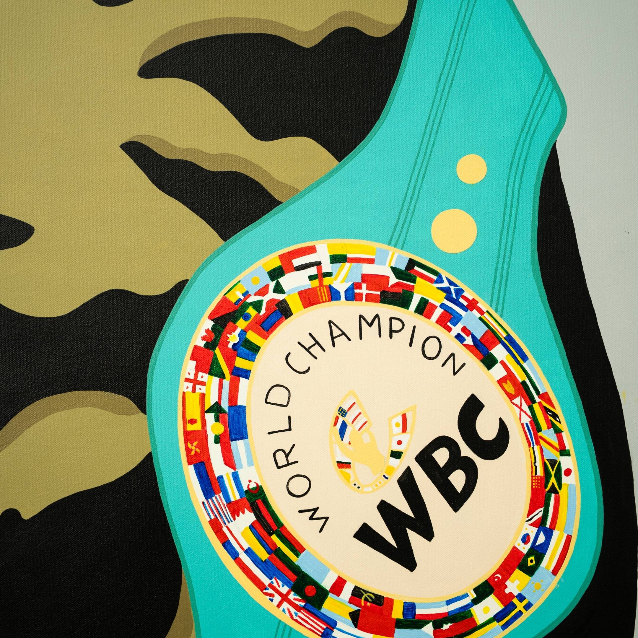 Illustration of the Tyson Tiger Pop Art Canvas Painting by Giant Sculptures, featuring a vibrant turquoise design with a central gold and white emblem surrounded by international flags, embodying the spirit of a Boxing Champion.