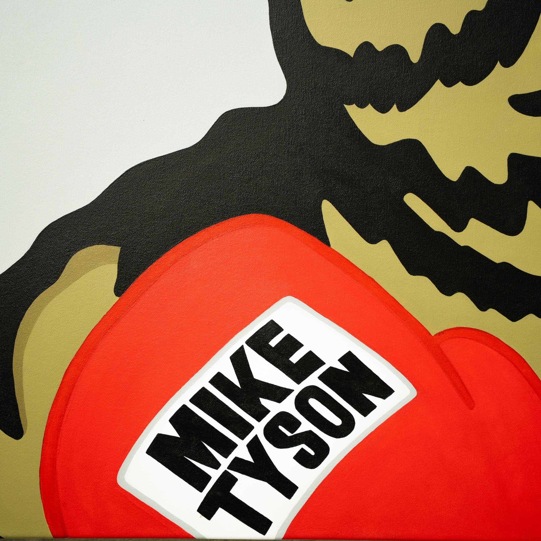 A muscular arm holds a red glove with Mike Tyson on it in the bold, graphic style of pop art. This edgy piece captures the fierce spirit of the boxing champion and features an abstract background, as seen in the Tyson Tiger Pop Art Canvas Painting by Giant Sculptures.
