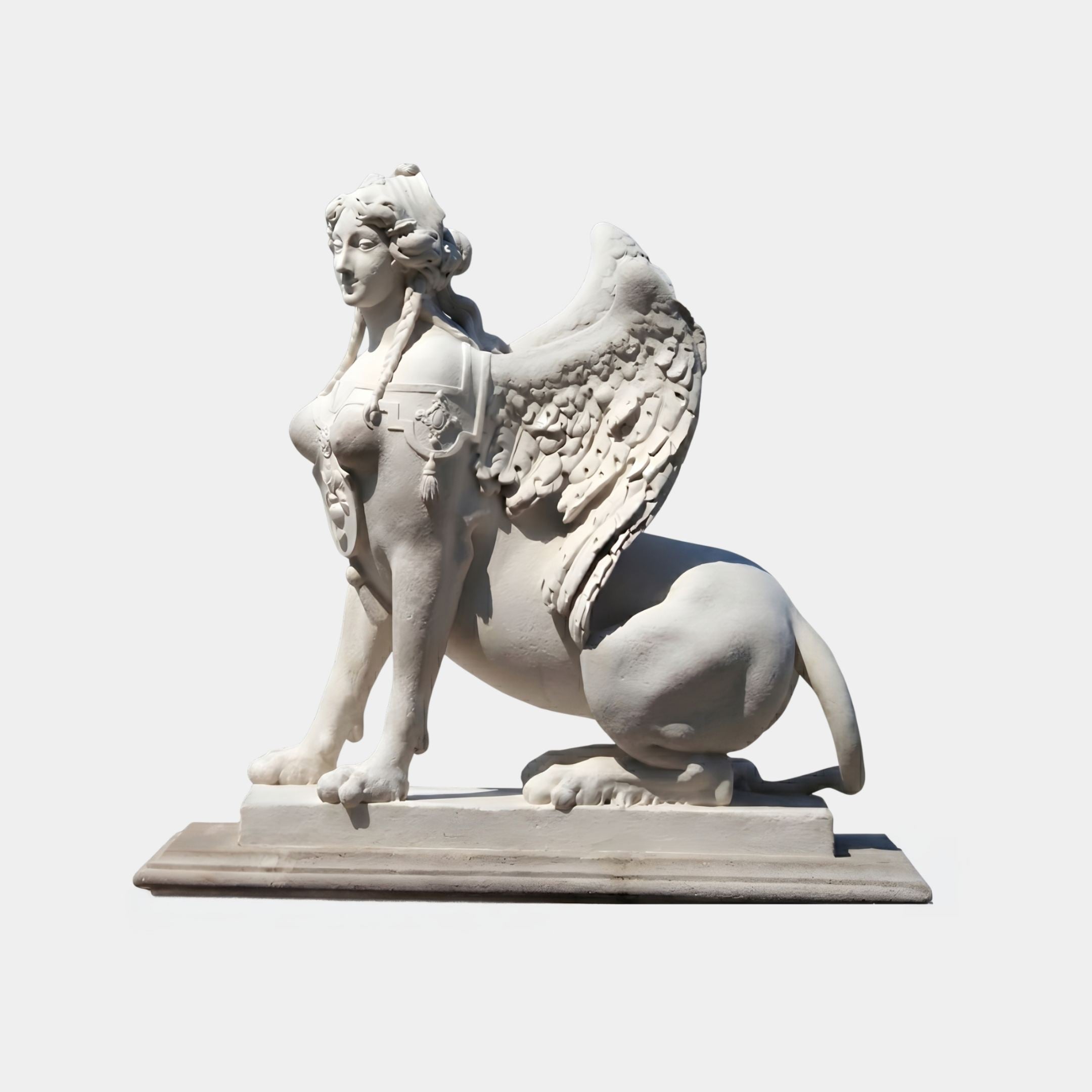 Winged Sphinx Marble Sculpture 120cm by Giant Sculptures, side view of the white marble figure with a female head, feathered wings, and lion body on a rectangular base.